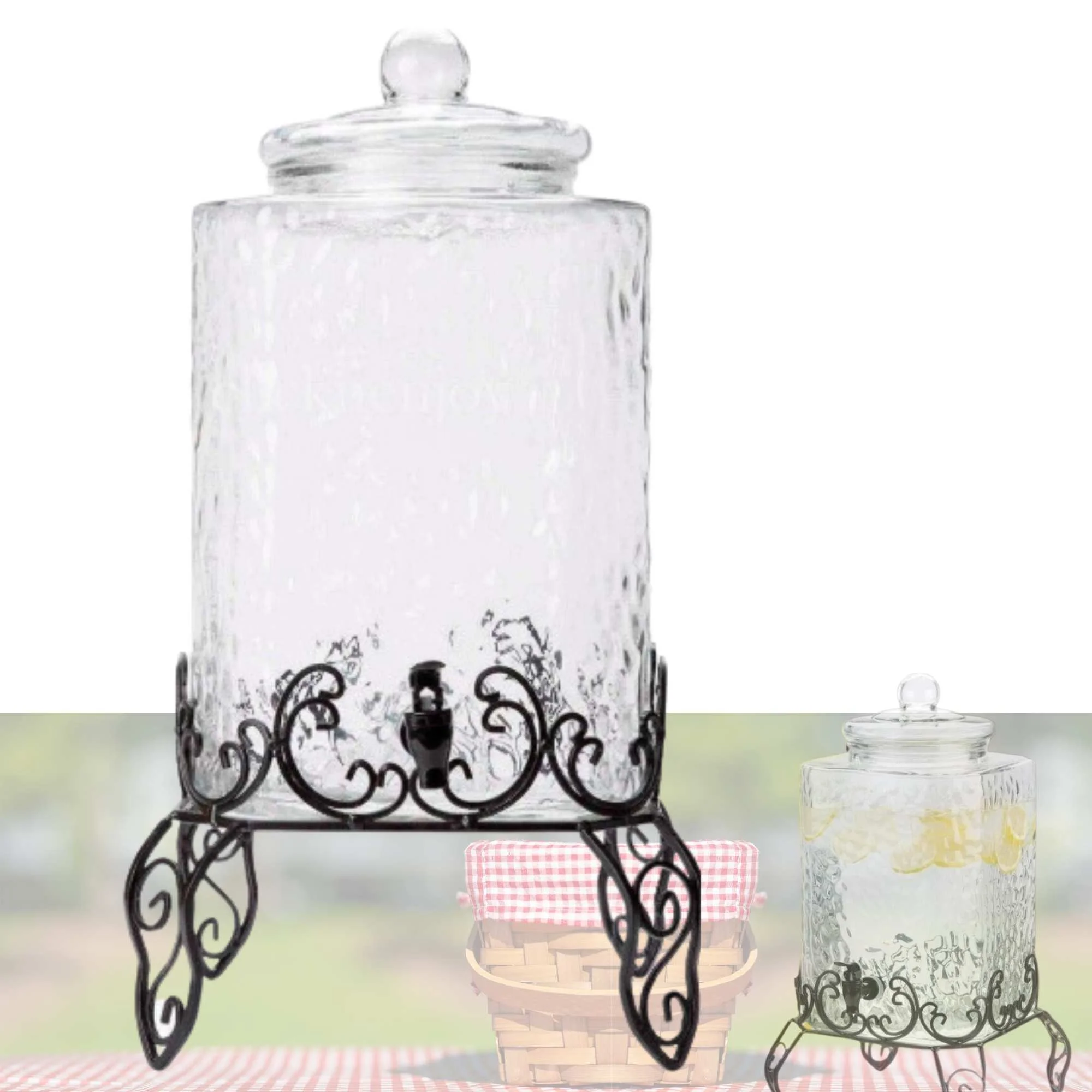5 Gallon Hammered Glass Beverage Dispenser with Metal Stand - COMPLETE SET