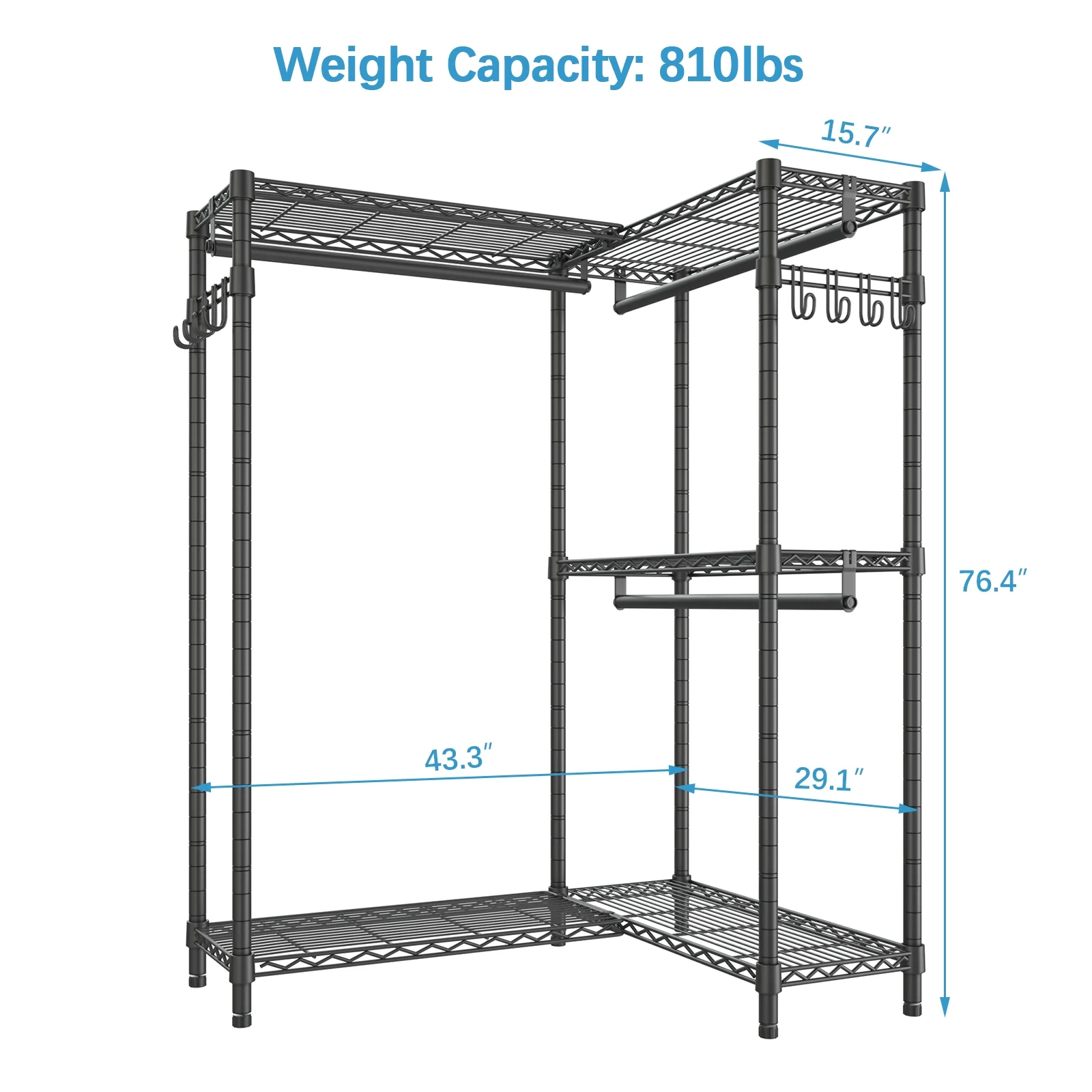 VIPEK L4 Garment Rack L Shaped Clothes Rack for Corner, Freestanding Portable Wardrobe Closet Heavy Duty Clothing Rack, Black