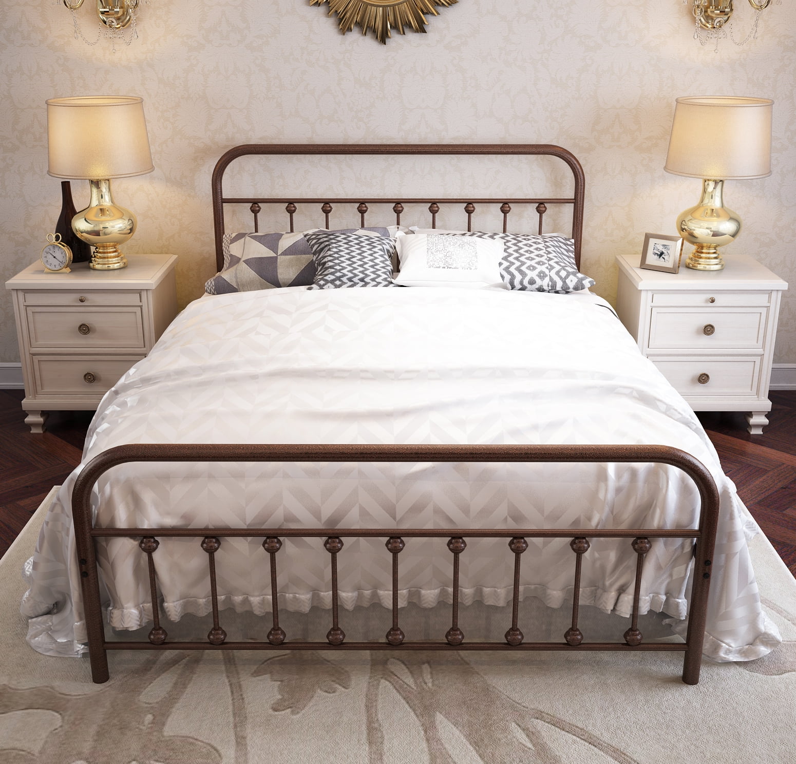 Vintage Sturdy Queen Size Metal Bed Frame with Headboard and Footboard Basic Bed Frame No Box Spring Needed，Antique Brown.