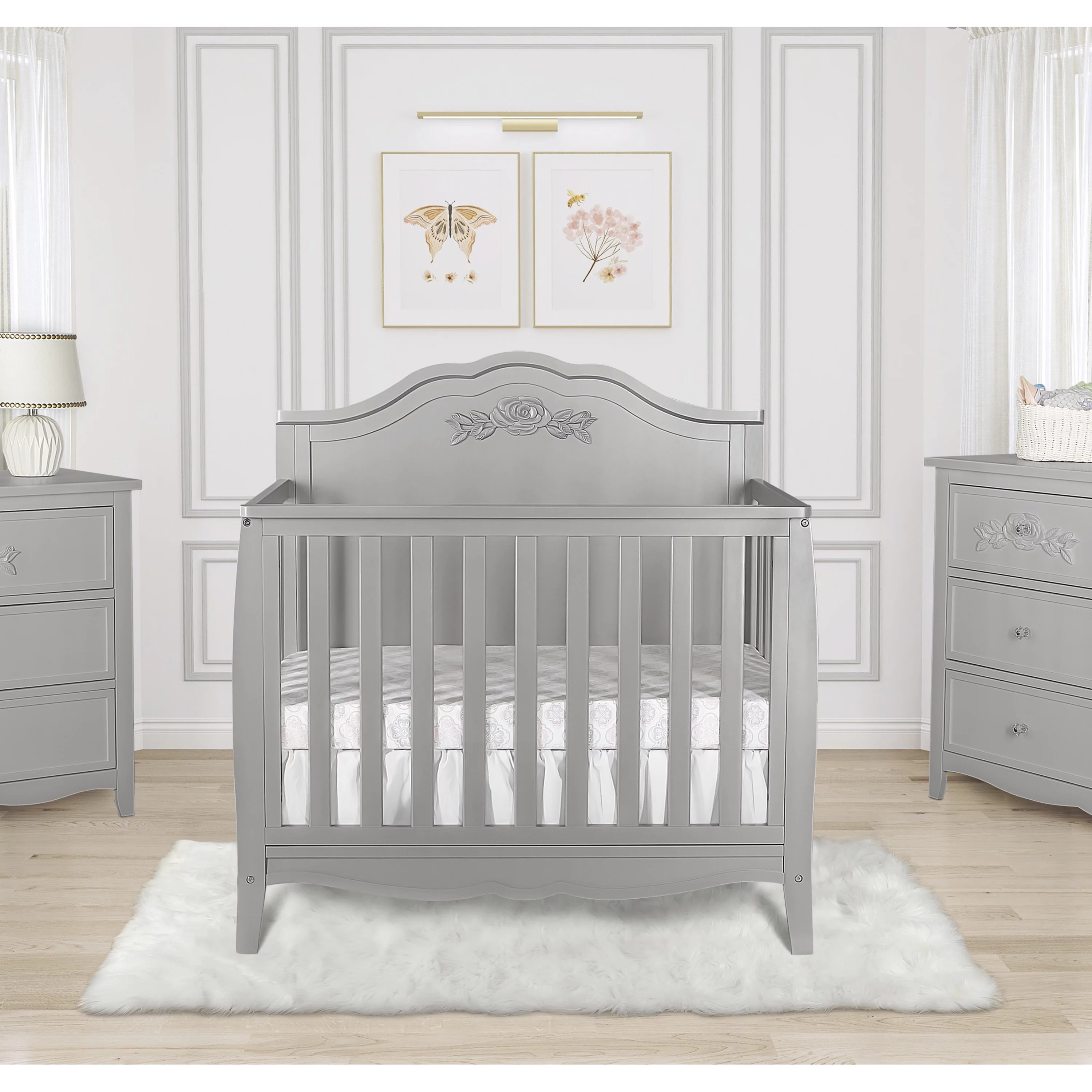 SweetPea Baby Rose 4-in-1 Convertible Mini Crib in Platinum, JPMA Certified Baby Crib, Non-Toxic Finish, New Zealand Pinewood, with 3 Mattress Height Settings Crib Platinum
