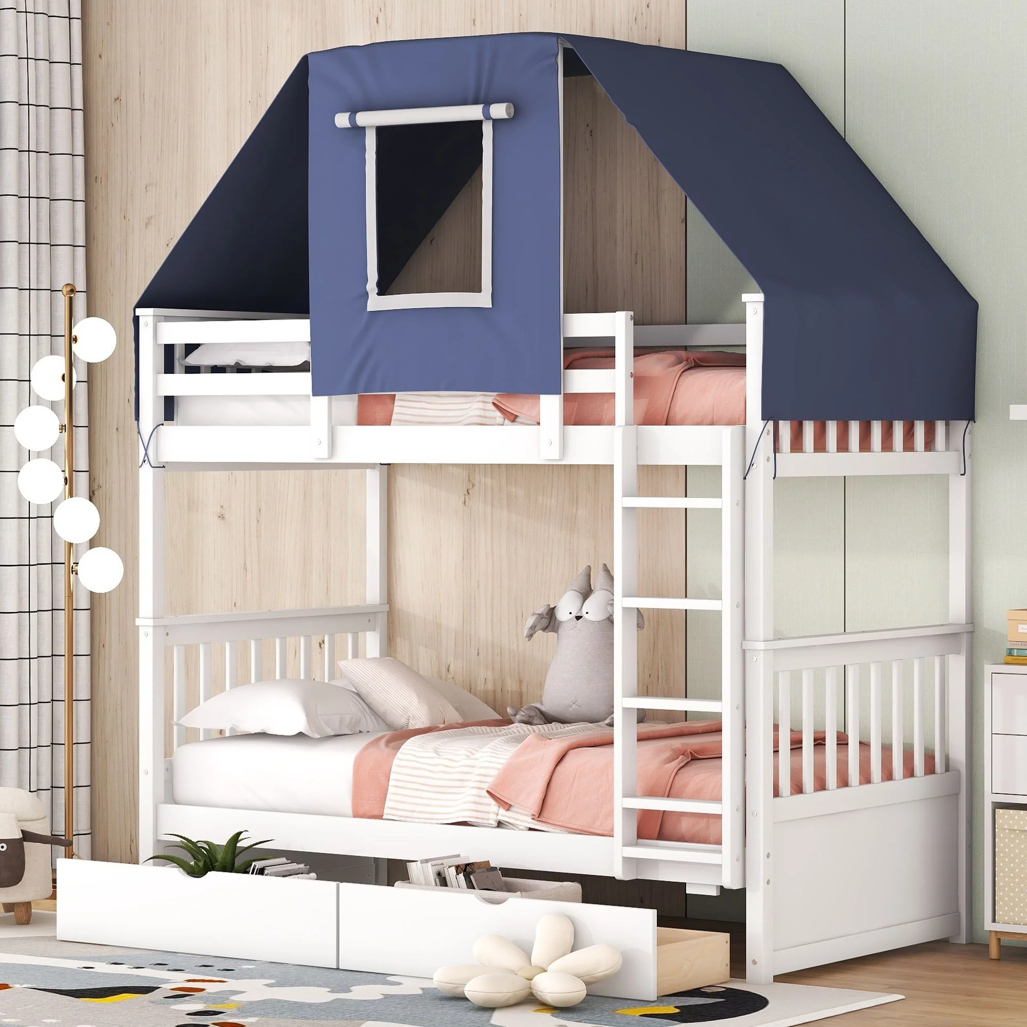 Twin Over Twin Bunk Bed with Tent and Drawers for Boys/Girls/Teens Bedroom, Wood Bed Frame with Safety Guardrail, No Box Spring Needed with Roof, Window