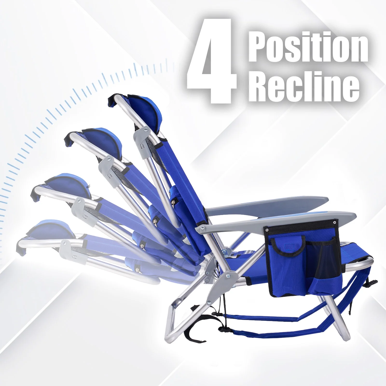 TSCOMON Beach Chair for Adults, 4 Position Portable Backpack Foldable Camping Chair with Headrest, Cup Holder, and Cooler Pouch (Blue,2 Pack)