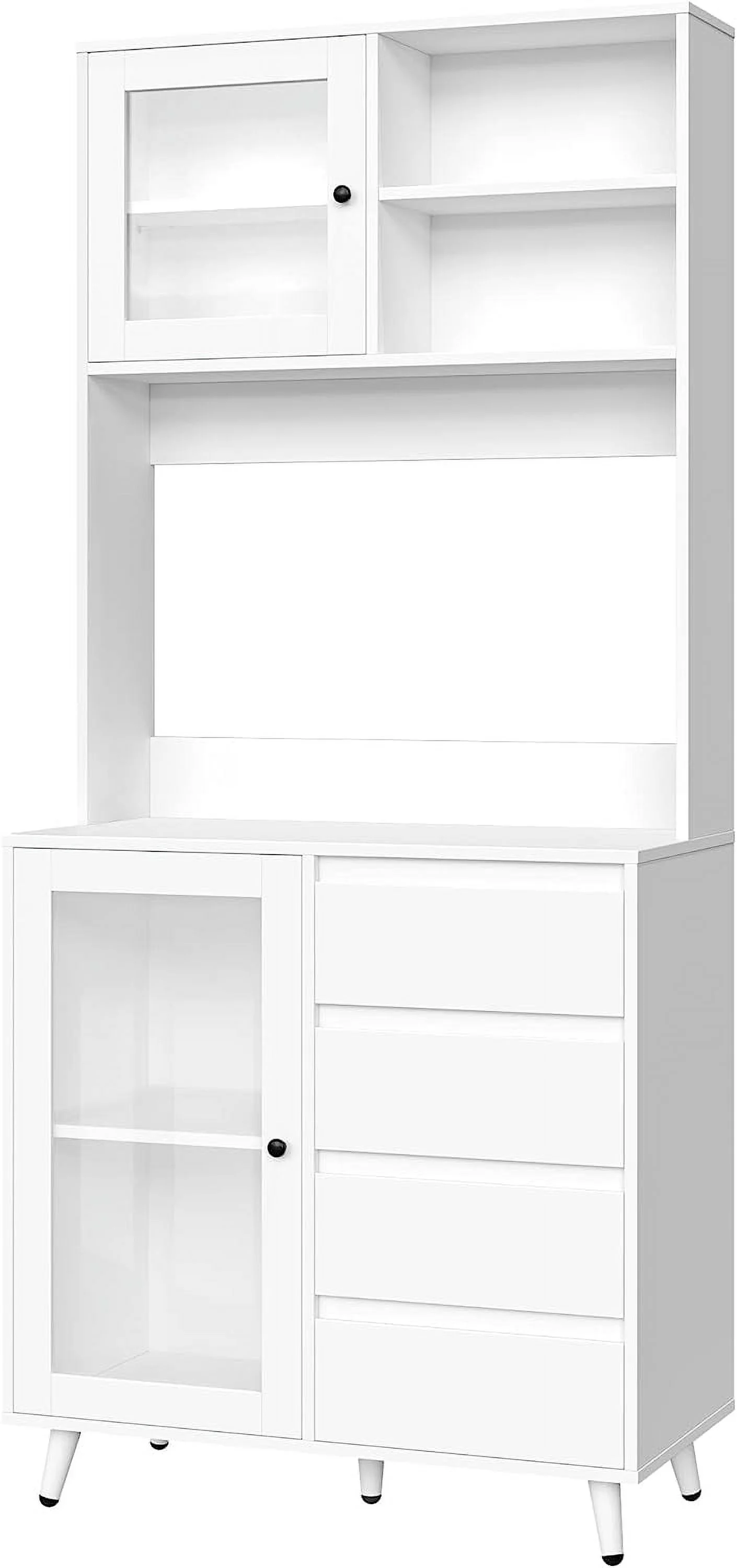 71'' Tall Kitchen Pantry  Cabinet with Large Countertop  Kitchen Buffet Hutch Cabinet with 2 Adjustable Shelves & Tempered Glass Doors  4 Handless Drawers for   White