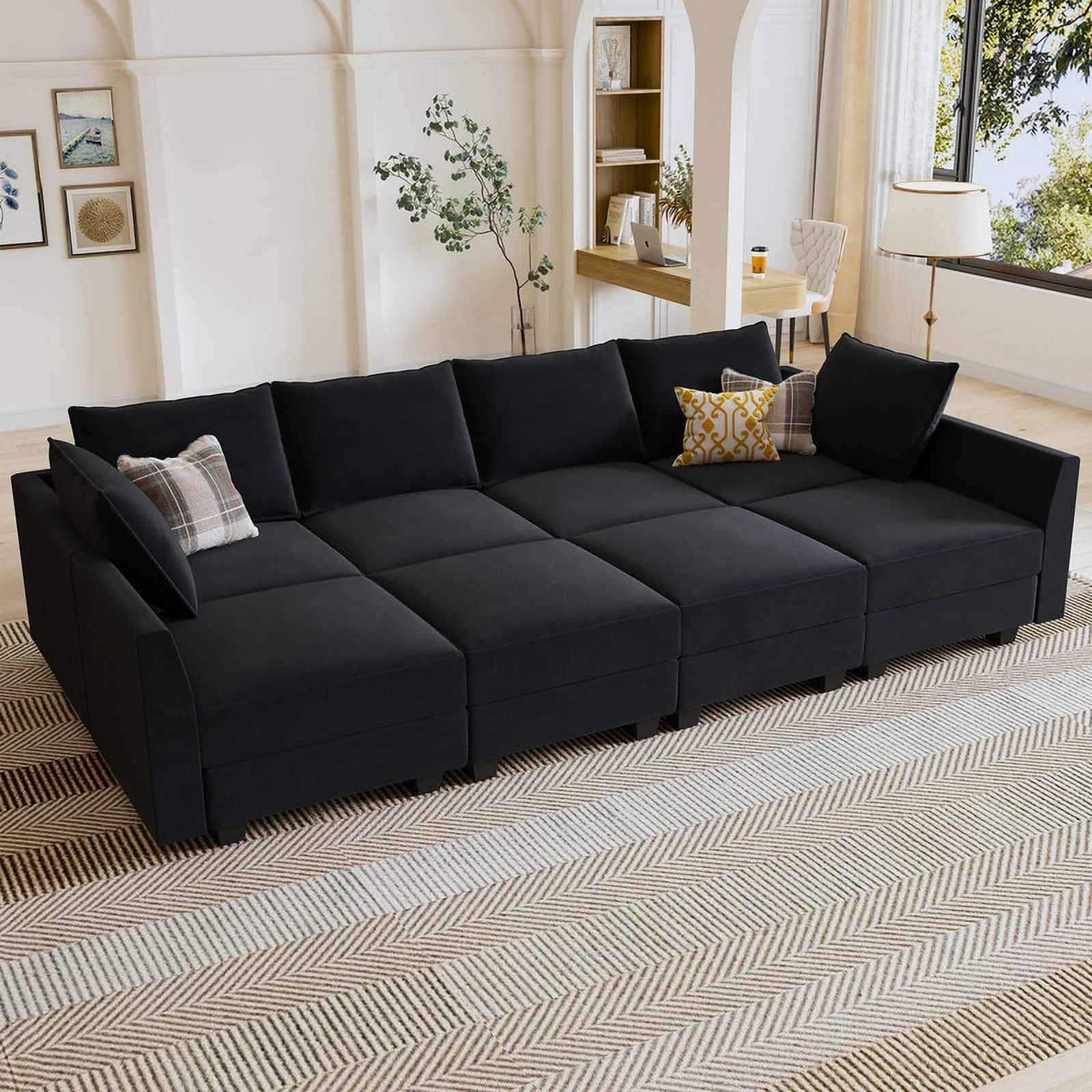 HONBAY Modern Upholstered Sofa Couch Bed with Movable Storage Ottoman for Apartment, Black