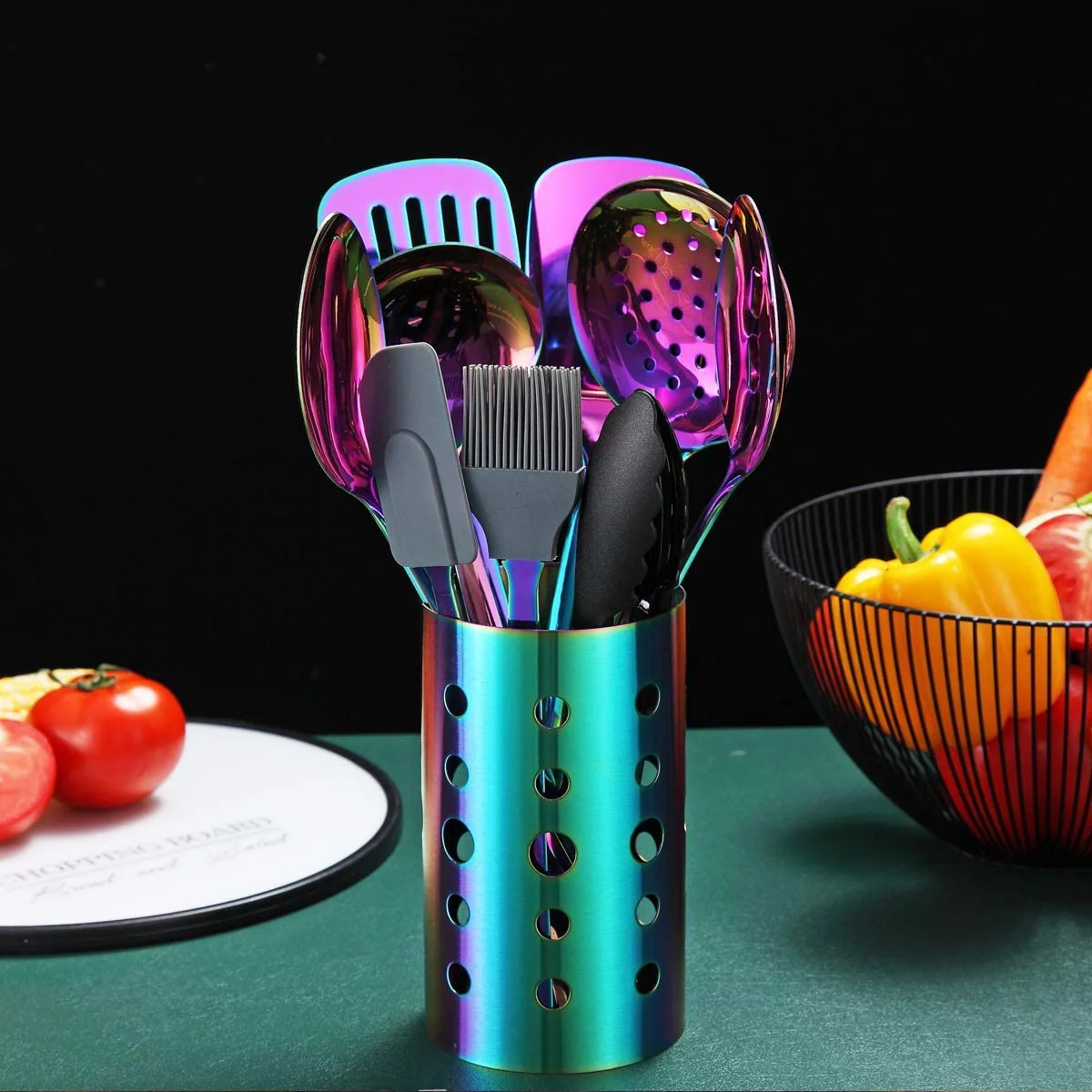 Just Houseware Rainbow Kitchen Utensils Set, 13-Piece Stainless Steel Cooking Utensils Set, Rainbow Cookware Kitchen Set With Utensil Holder For Non-Stick