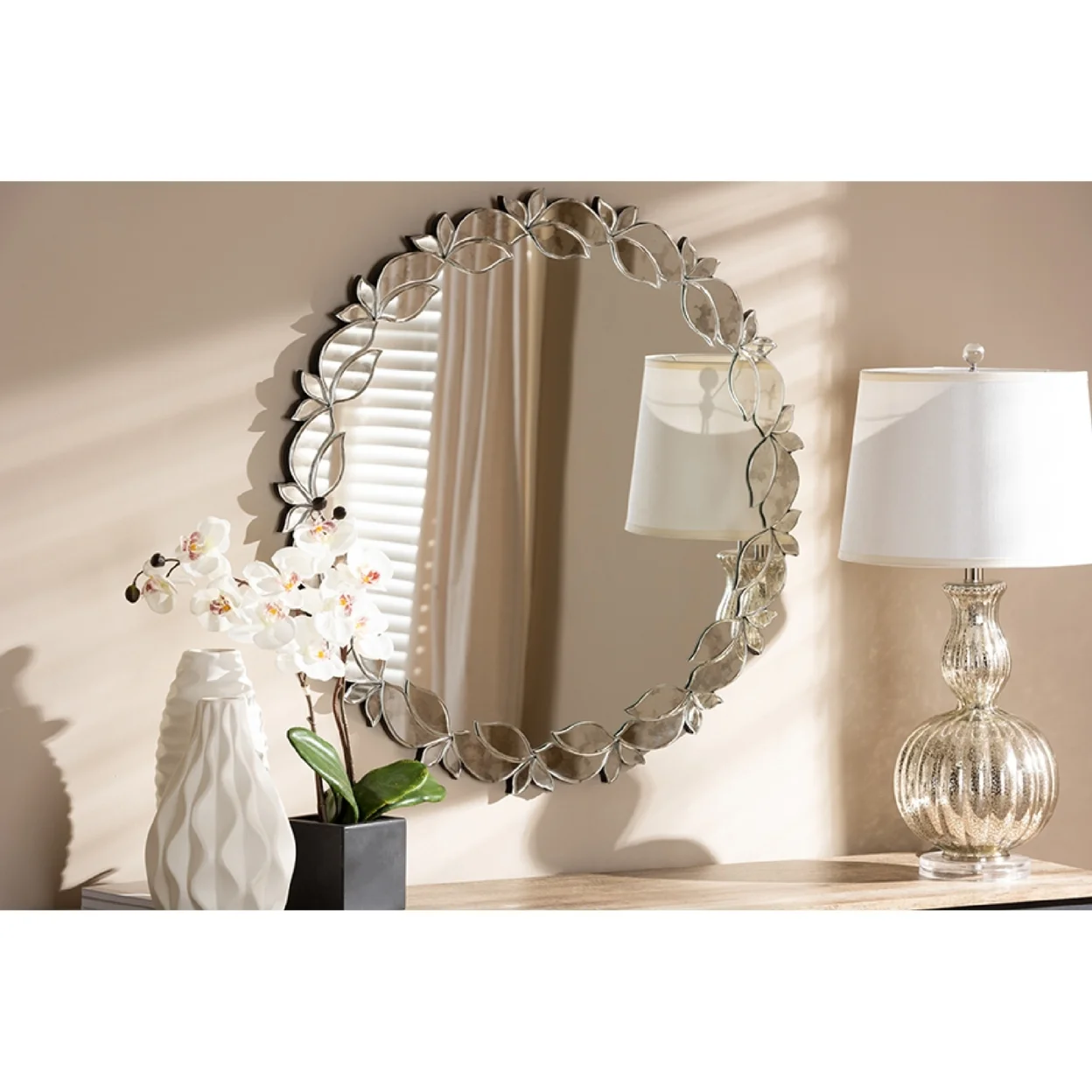 Baxton Studio Luiza Modern and Contemporary Silver Finished Round Petal Leaf Accent Wall Mirror,Wholesale Interiors