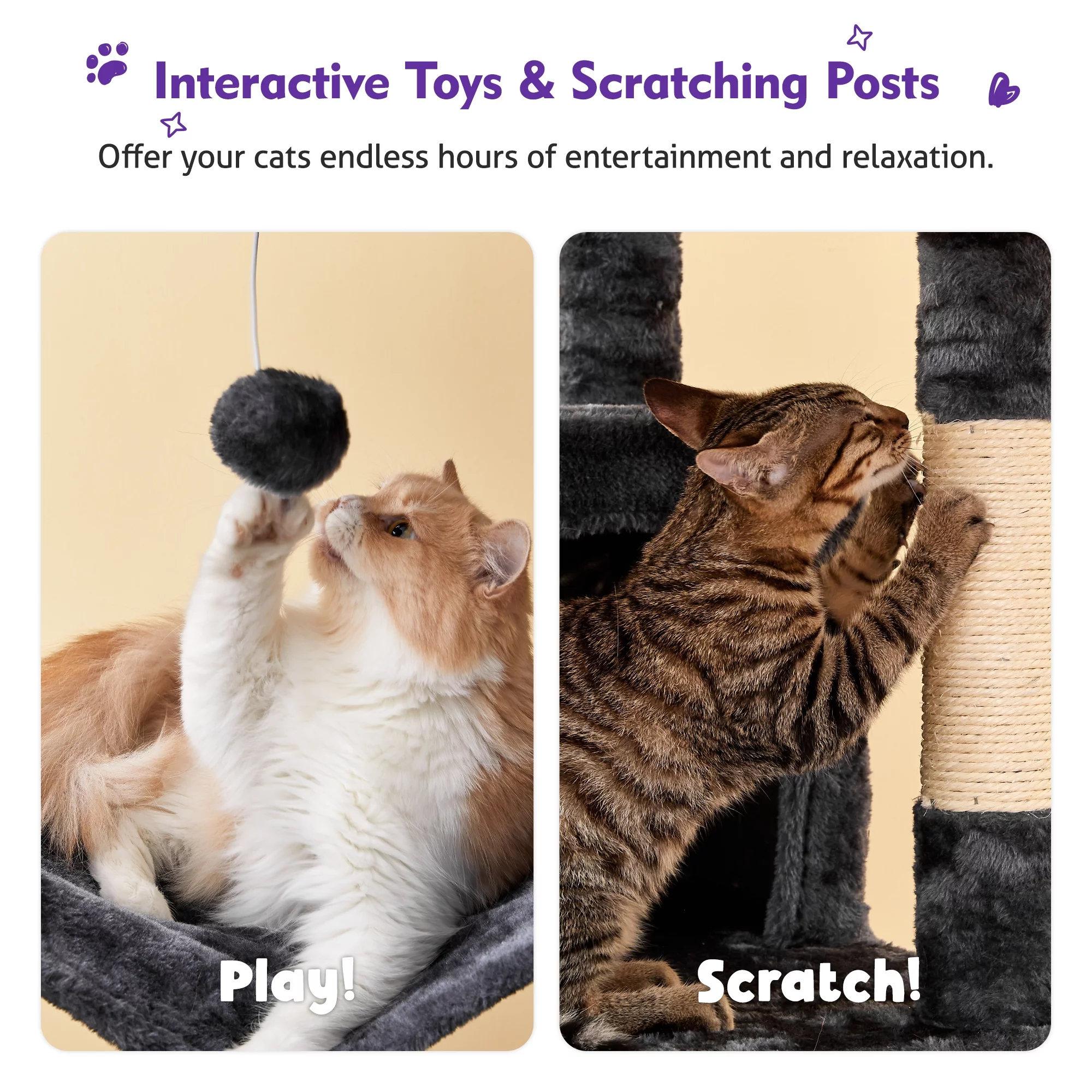 NECOLIKE 73.6'' Cat Tree for Large Cat Tower with Condo, 2 Perches and 2 Hammocks, Dark Gray