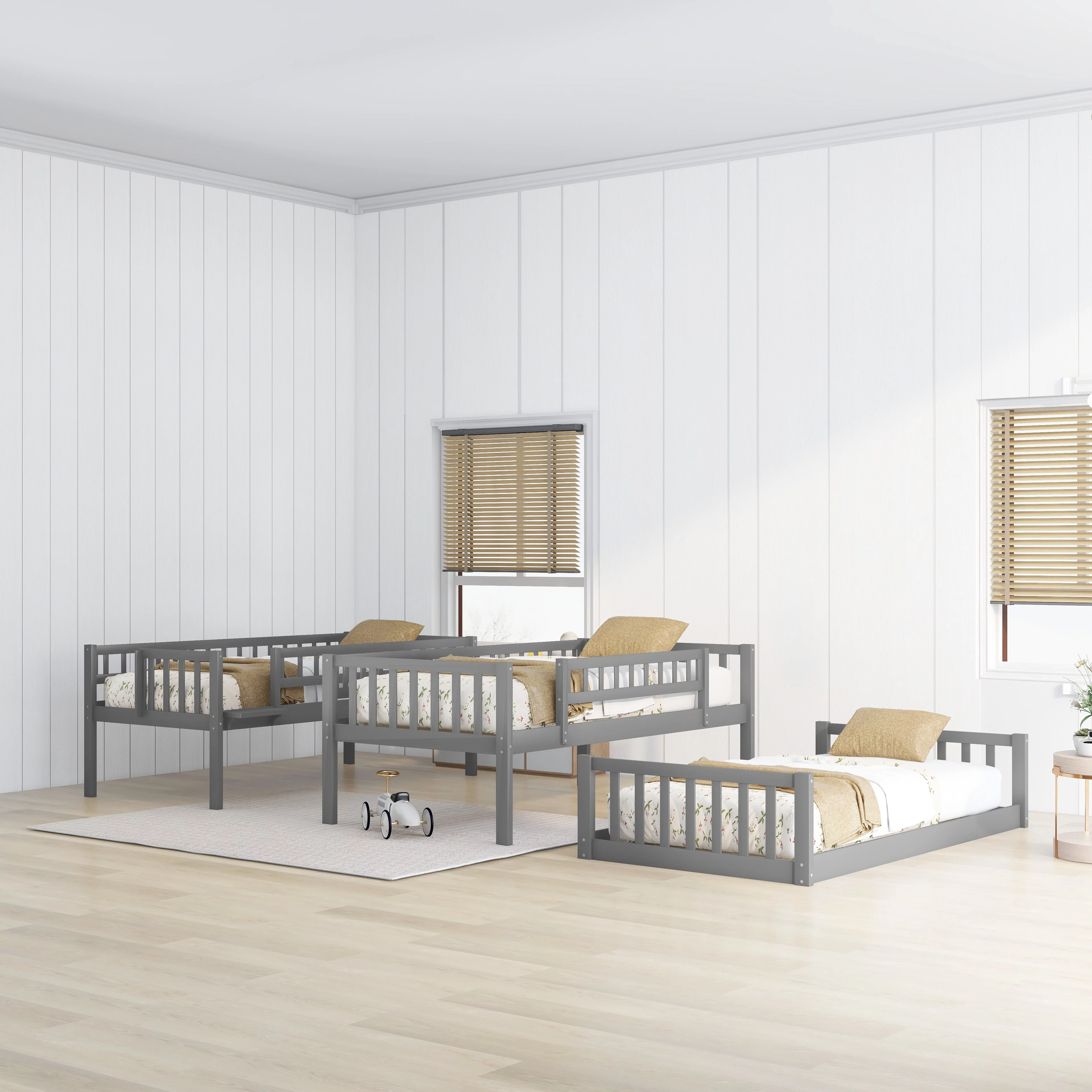 Bellemave Triple Bunk Bed with Slide, Wood Twin over Twin over Twin 3 Bunk Bed with 2 Built-In Ladders, Convertible Triple Beds for Kids, Teens, Boys & Girls (Gray)