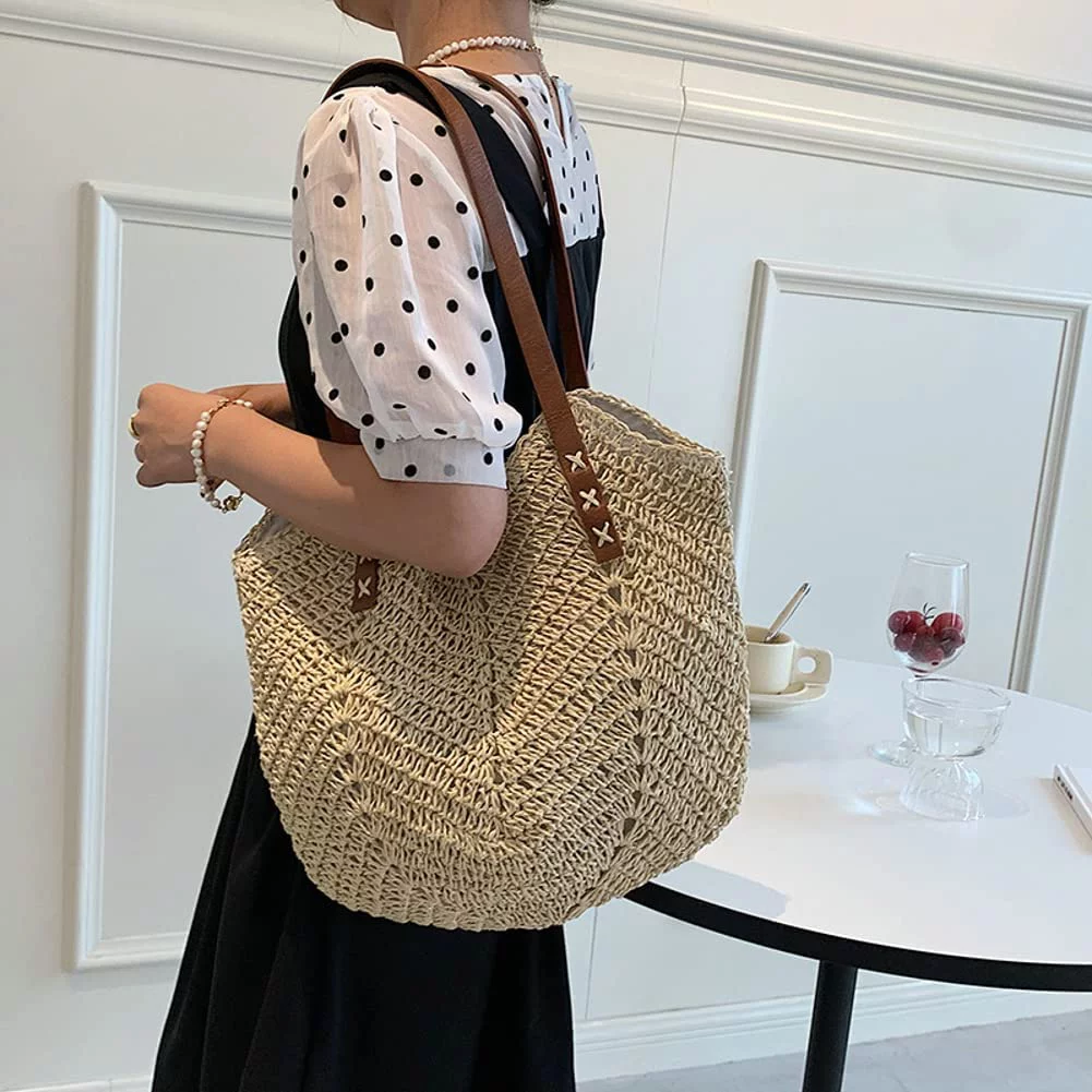 Summer Casual Straw Tote Bag Large Capacity Woman Woven Shoulder Handbag for Summer Beach Vocation