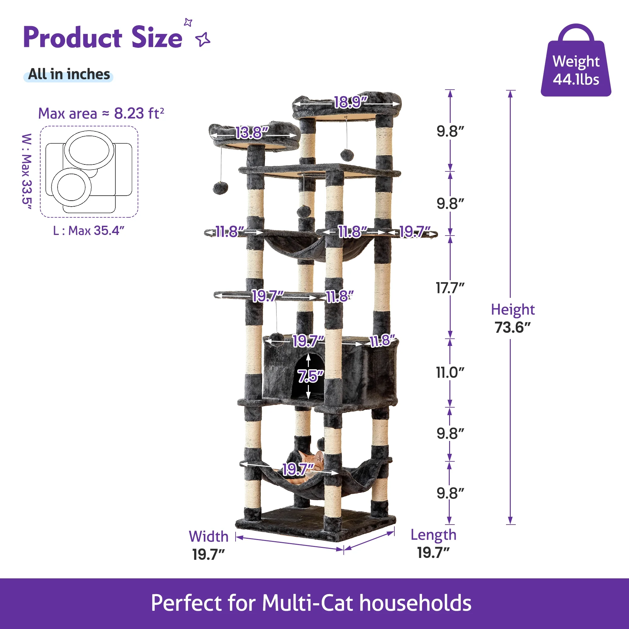 NECOLIKE 73.6'' Cat Tree for Large Cat Tower with Condo, 2 Perches and 2 Hammocks, Dark Gray