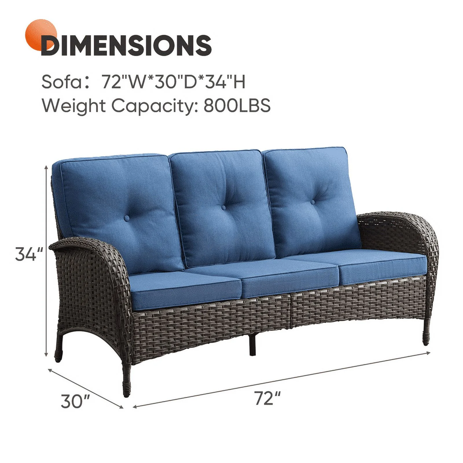 PARKWELL Outdoor 3 Seats Patio Sofa Furniture, All-Weather Wicker Rattan Couch with Removable Cushions,Blue