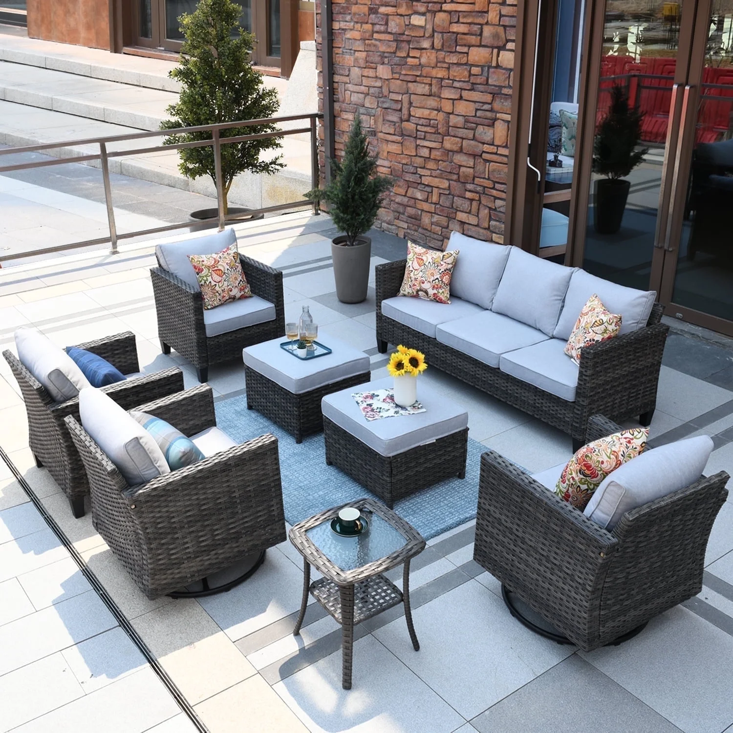 Ovios Patio Furniture Set 8 Pieces All Weather Wicker Conversation Set Outdoor Sectional Couch with Swivel Rocking Chair, Ottomans, Side Table, Light Gray Cushion