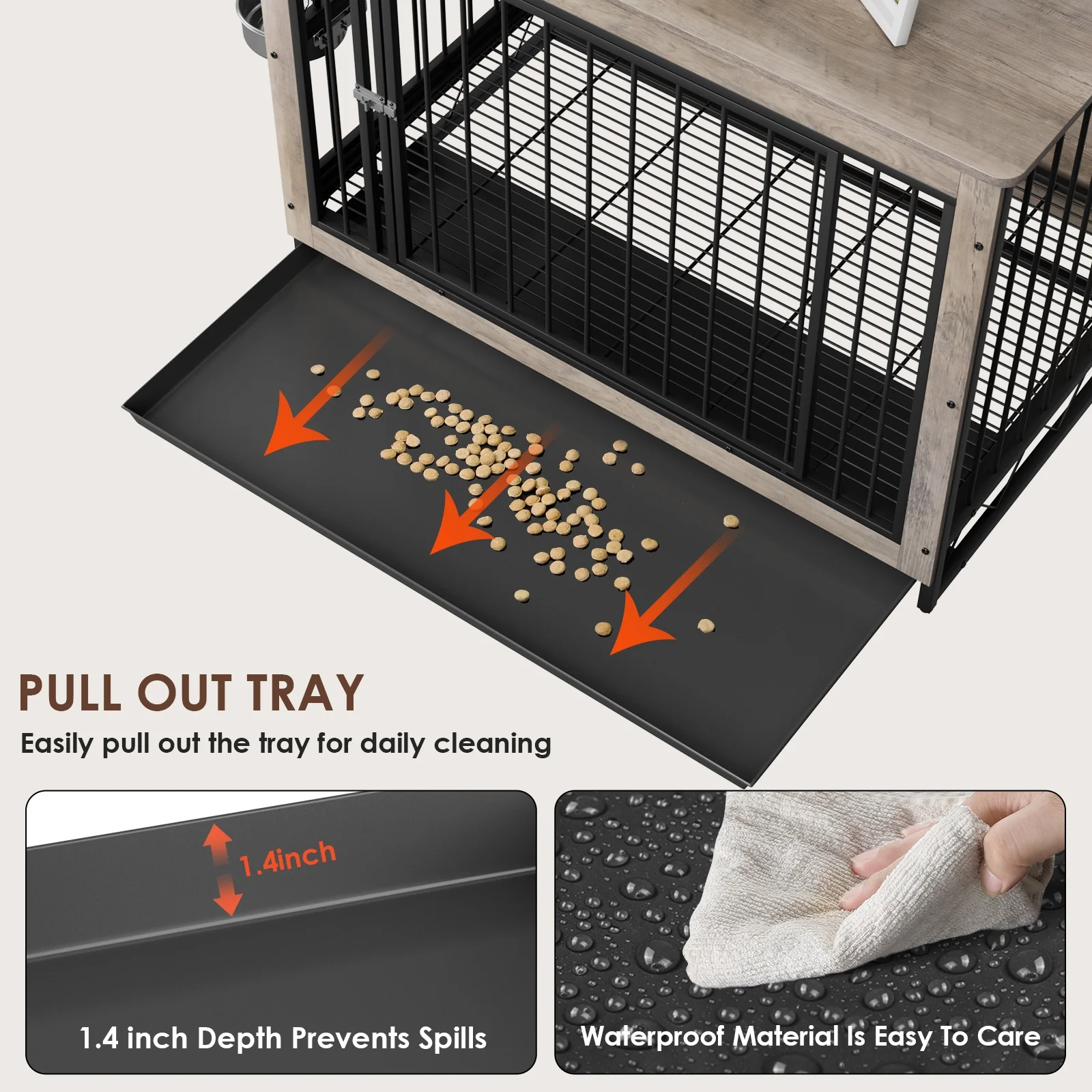 Pirecart  39.4in Wooden Dog Crate Furniture, Dog Kennels with Pull-Out Tray and 2 Bowls