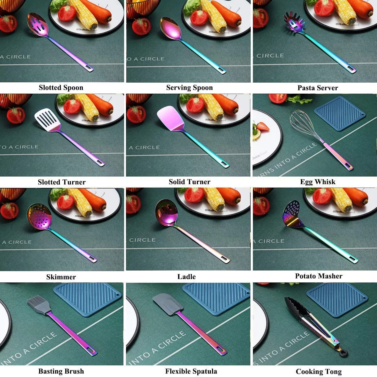 Just Houseware Rainbow Kitchen Utensils Set, 13-Piece Stainless Steel Cooking Utensils Set, Rainbow Cookware Kitchen Set With Utensil Holder For Non-Stick