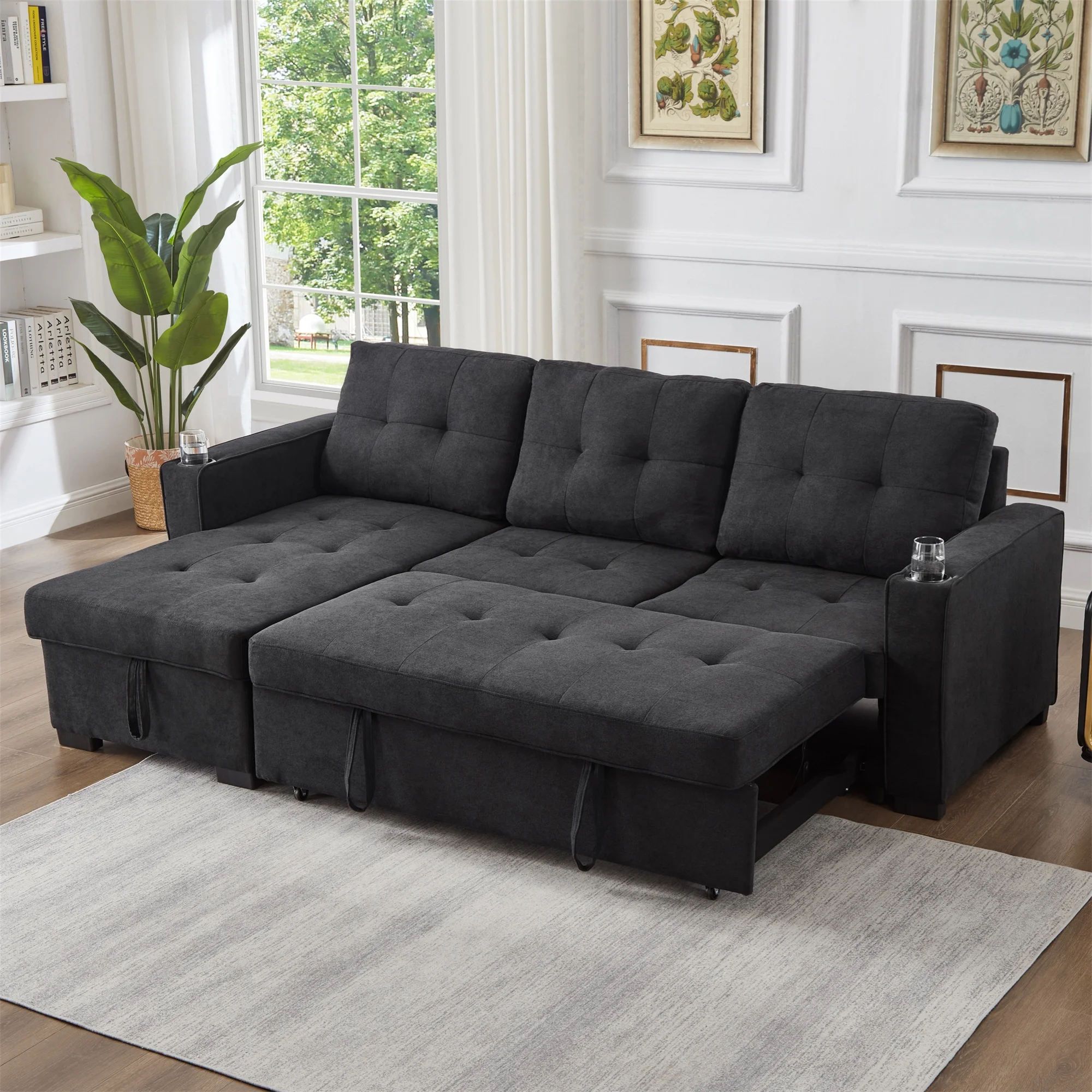 GEXPUSM Sleeper Sofa, Modern Convertible Black Sofa Bed with Pull Out Couch Bed, L Shaped Sofa with Storage Chaise, Linen Couches for Living Room