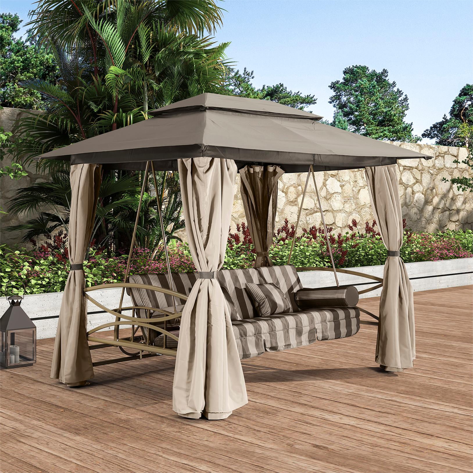 PURPLE LEAF 3 Person Outdoor Patio Porch Tent Swing with Netting & Curtains Swing with Canopy for Adults