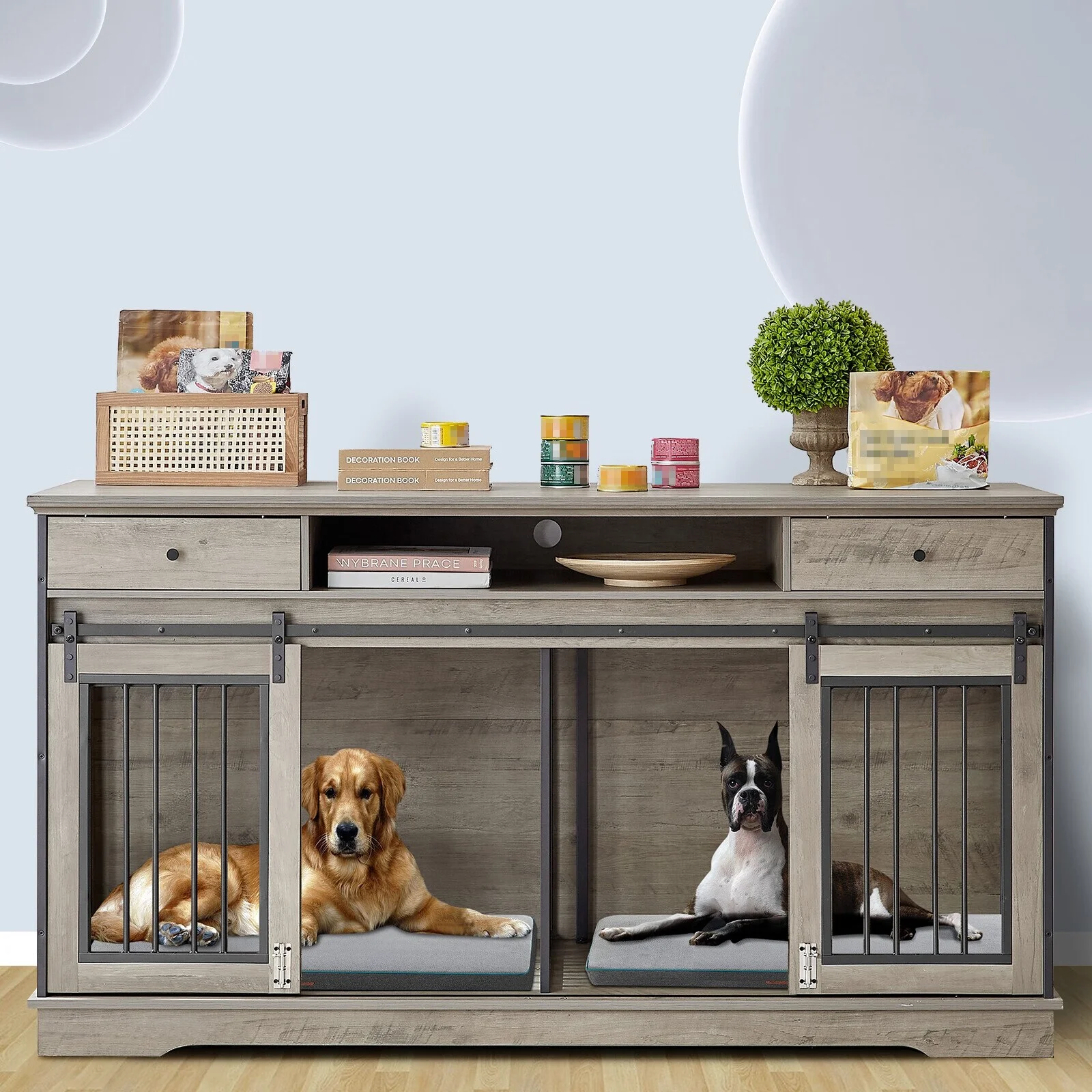 Dog Crate Furniture Large Breed TV Stand with Drawer & 2 Sliding Doors Grey