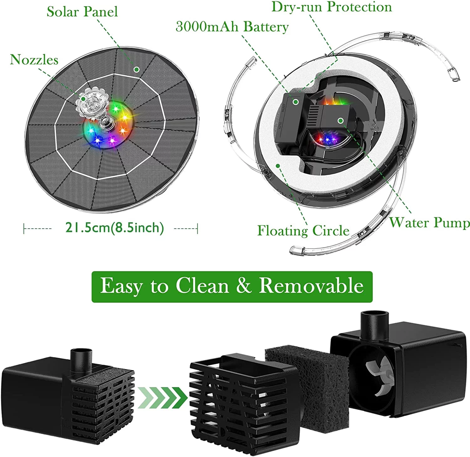 AISITIN 6.5W LED Solar Fountain with Retractable Stand,Colourful Solar Water Fountain with 3000mAh Battery and Double-Sided LED Light Solar Fountain Pump for Bird Bath,Garden,Pond,DIY Water Feature