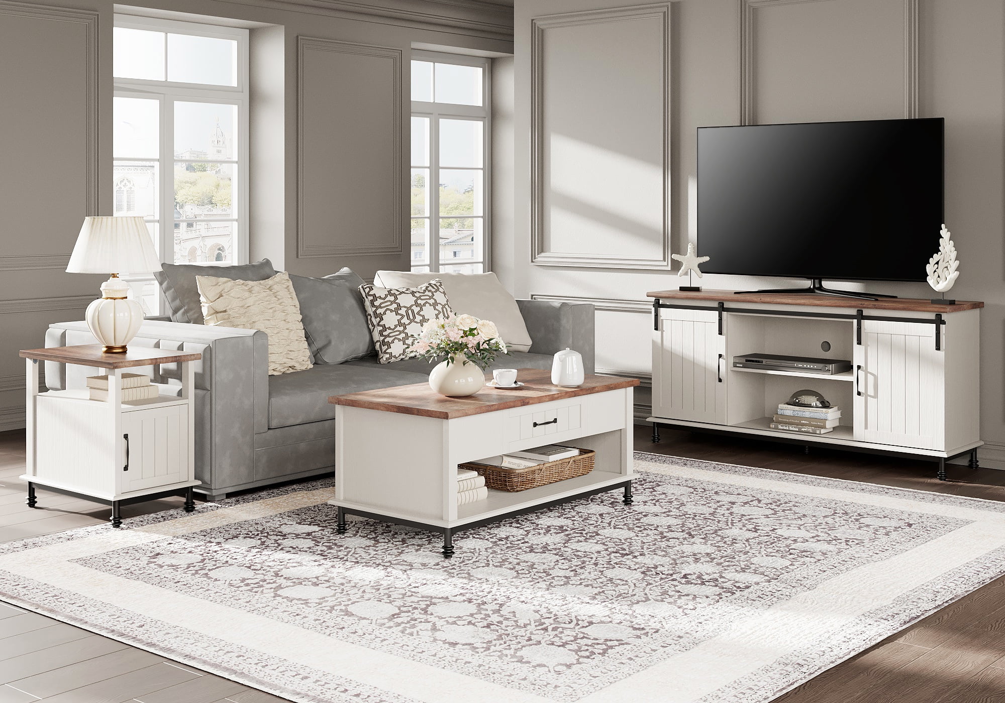 WAMPAT 3 Pieces Living Room Table Sets,1 Farmhouse TV Stand, 1 Coffee Table with Drawer,1 End Table with Charging Station, White/Oak