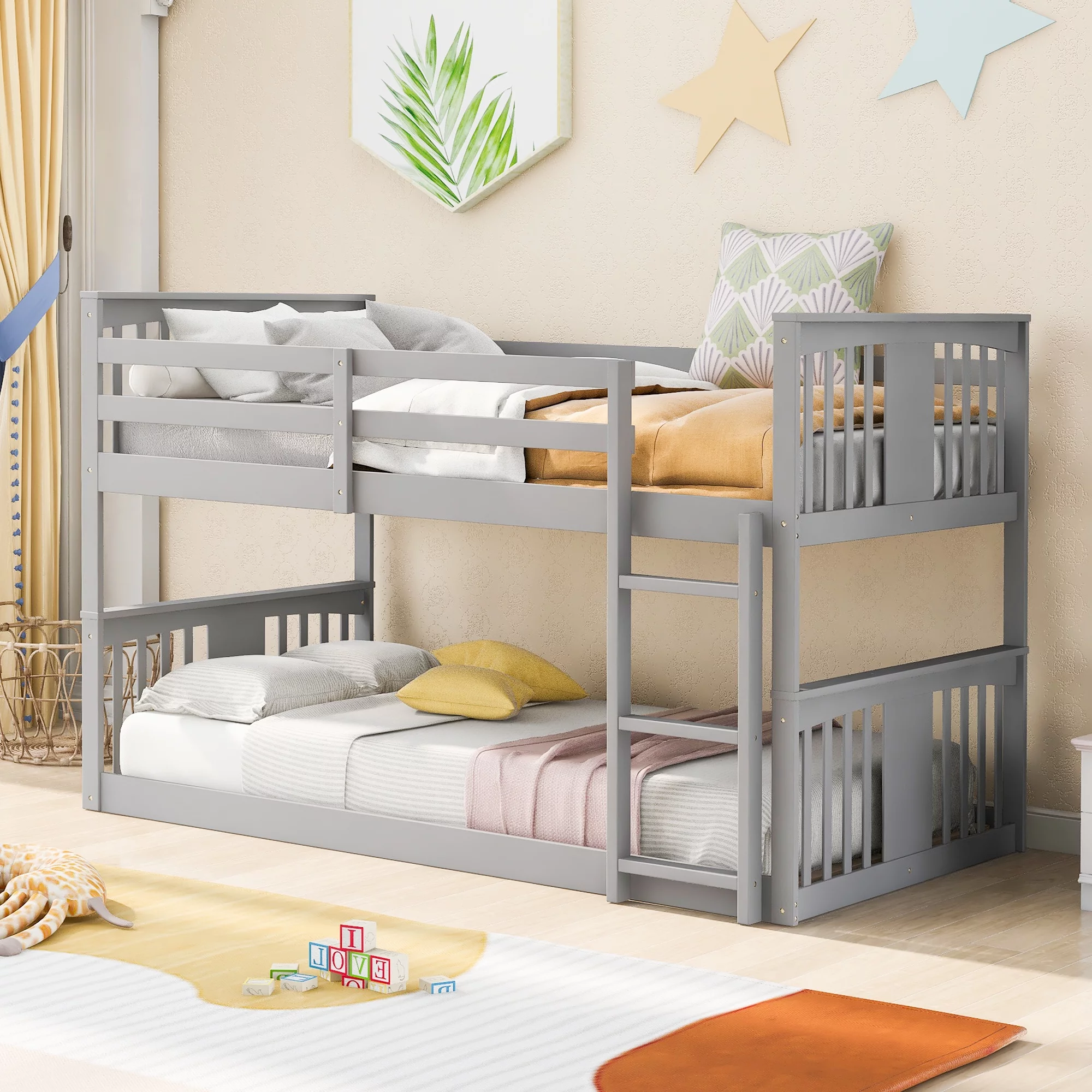Gray Twin Over Twin Bunk Bed with Ladder