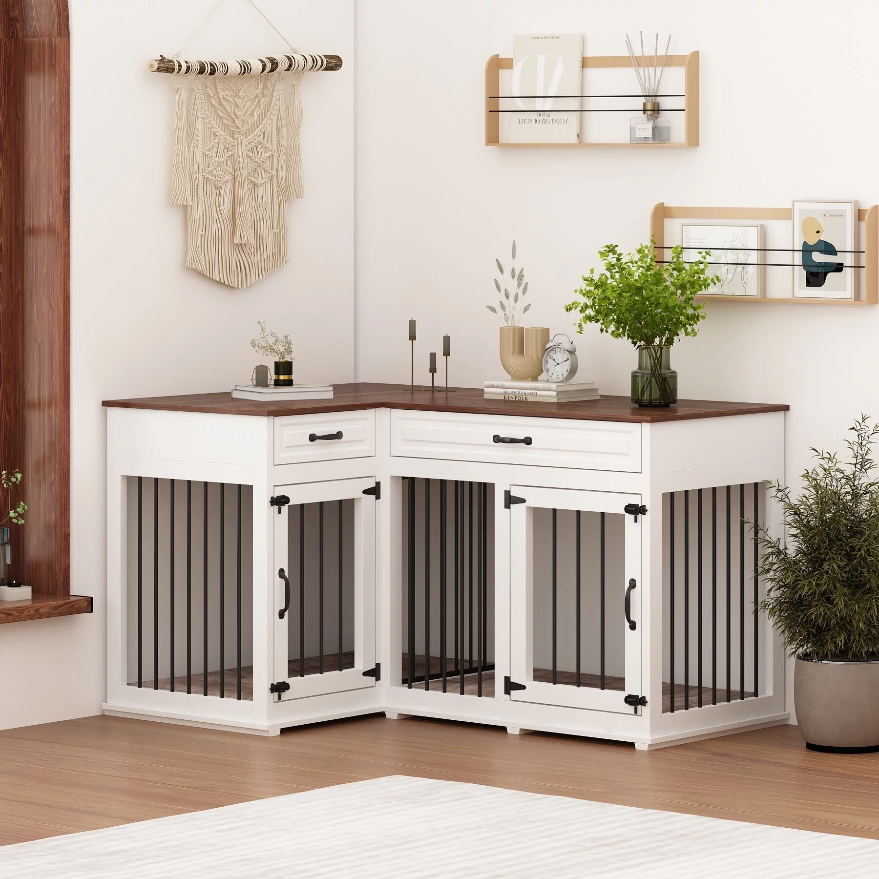 Large Corner Dog Crate Furniture For 2 Dogs With 2 Drawers TV Stand