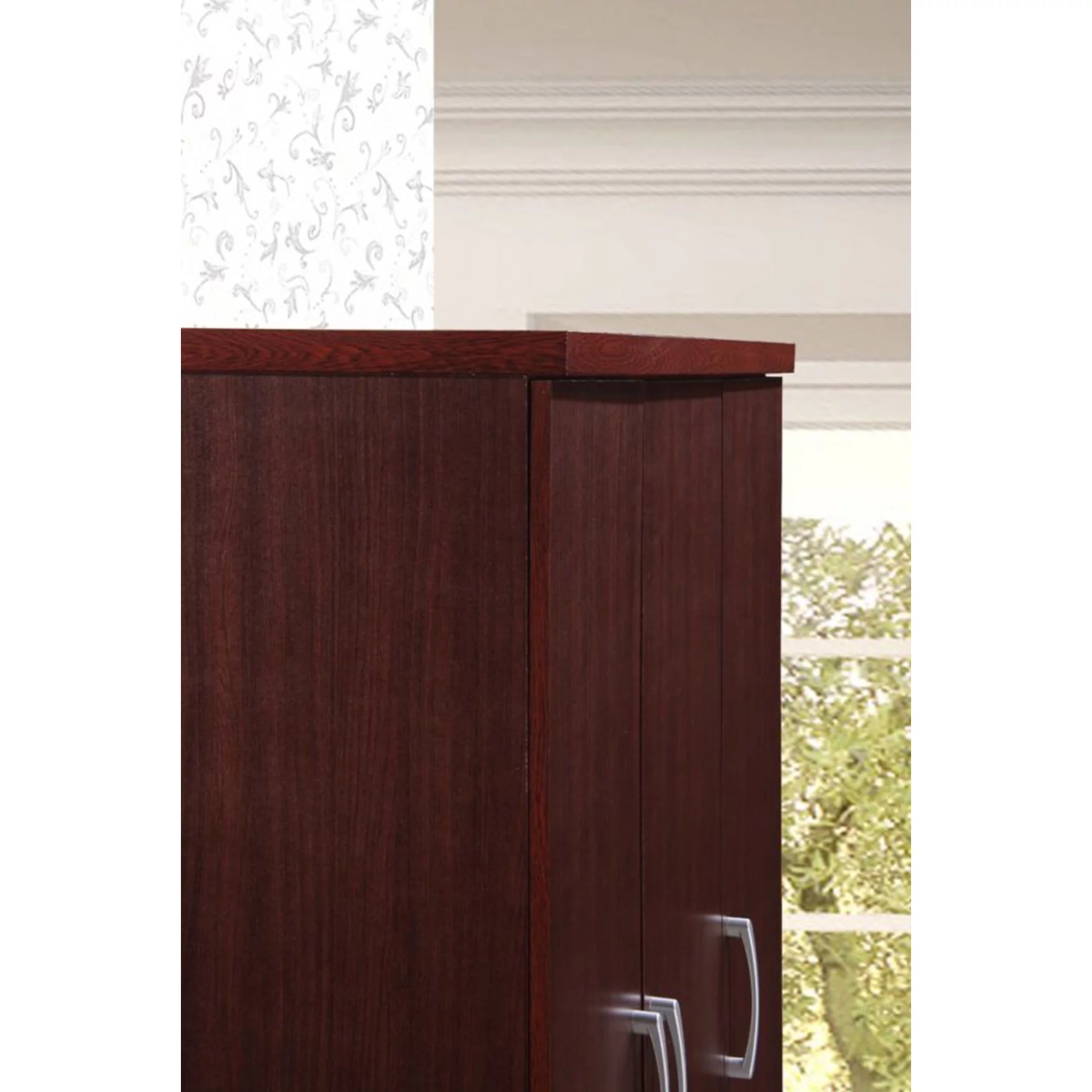 Hodedah Import 3 Door Armoire with Rod, Shelves, and 2 Drawers, Mahogany