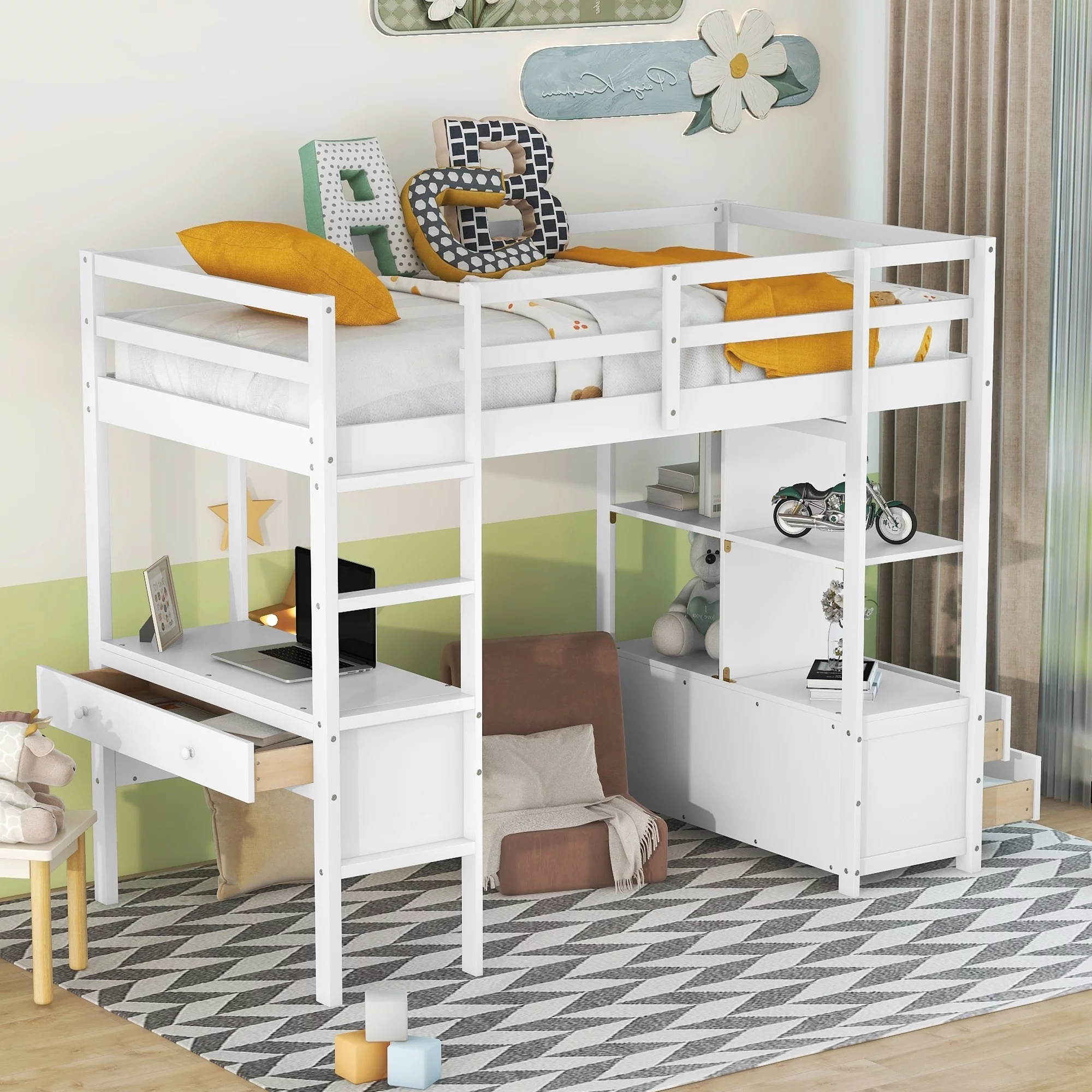 Royard Oaktree Twin Size Loft Bed with Built-in Desk and Storage Shelves with Drawers Wood Loft Bed Frame with Ladder and Guardrails, White