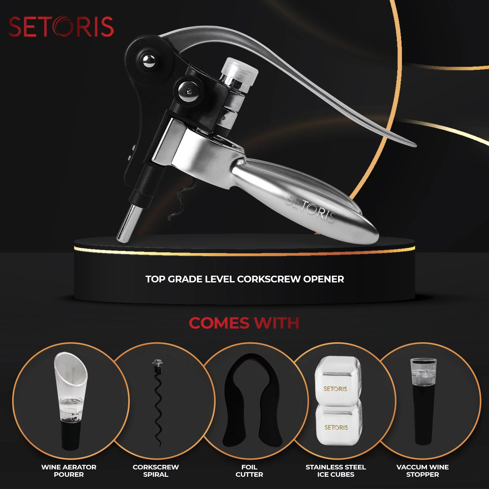 Heavy-Duty Rabbit Wine Opener With 2 Stainless Steel Ice Cubes By Setoris - Winged Corkscrew With Ergonomic Lever & Non-Stick Warm- Manual Rabbit Cork Remover- Great Wine Gift Idea