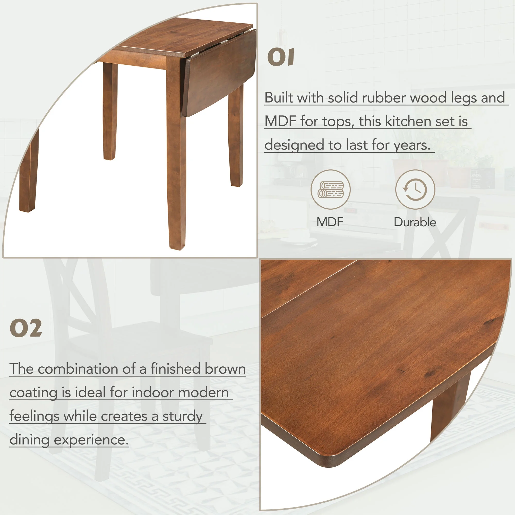 PAPROOS 3 Piece Wood Dining Table Set with Drop Leaf and 2 X-back Chairs, Modern Dining Room Table and Chairs Set for Small Space, Brown