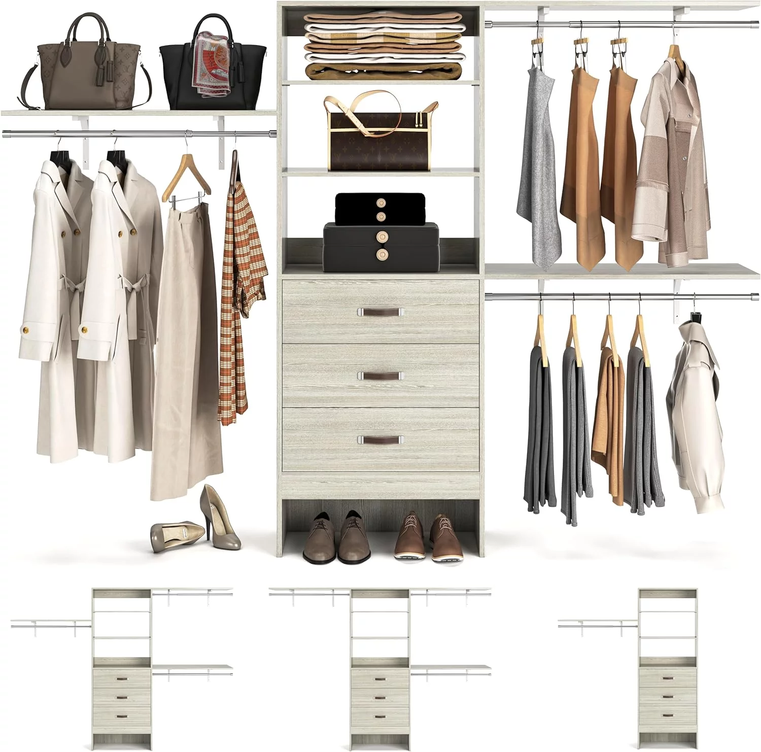 Homieasy 96 Inches Closet System, 8FT Walk In Closet Organizer with 3 Shelving Tower, Heavy Duty Clothes Rack with 3 Drawers, Built-In Garment Rack, 96