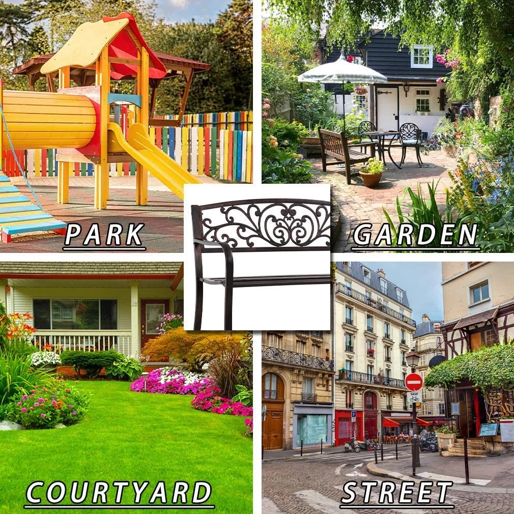 Outdoor Garden Bench Metal, Patio Park Bench with Armrests for Yard Steel & Cast Iron Chair Steel Frame Furniture for Deck Lawn Courtyard