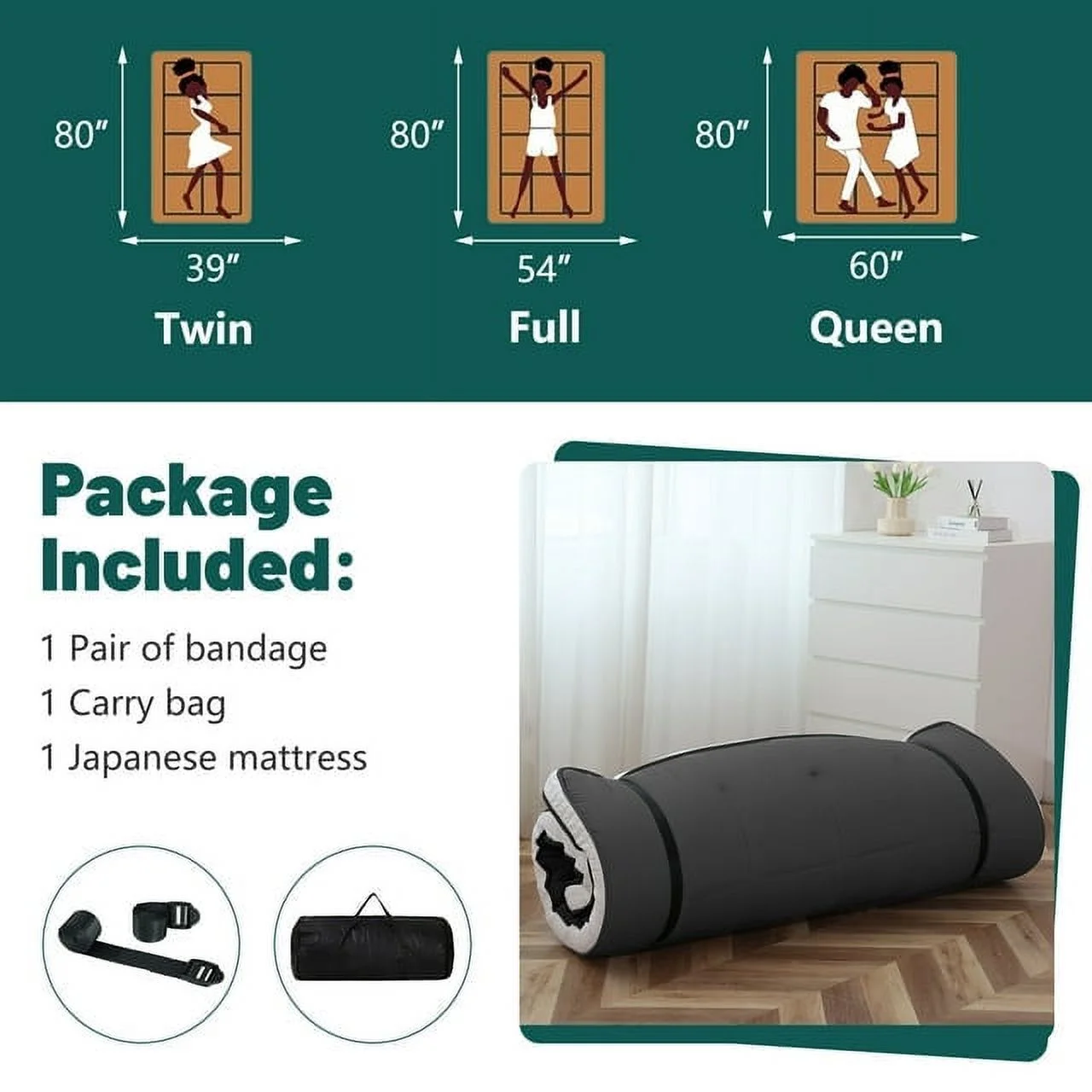 ABORON Diamond Patterned Mattress,4 Inch Extra Thick Sleeping Bed For Floor,Roll Up Mmemory Foam Mattress , Folding Floor Lounger Guest Bed Pad