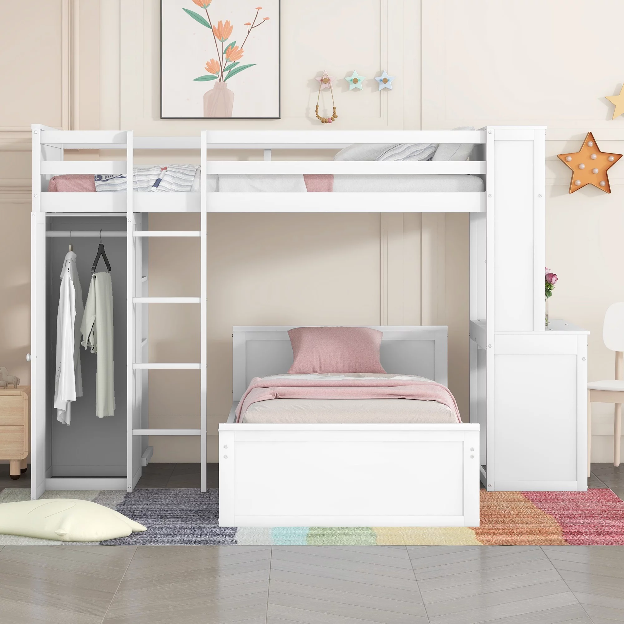 THINK 30,Twin Size Loft Bed with Desk and Wardrobe, Wood Convertible Bunk Bed with Storage Drawers and Shelves, Wooden Loft Bed Frame for Kids Teens, No Box Spring Needed, White