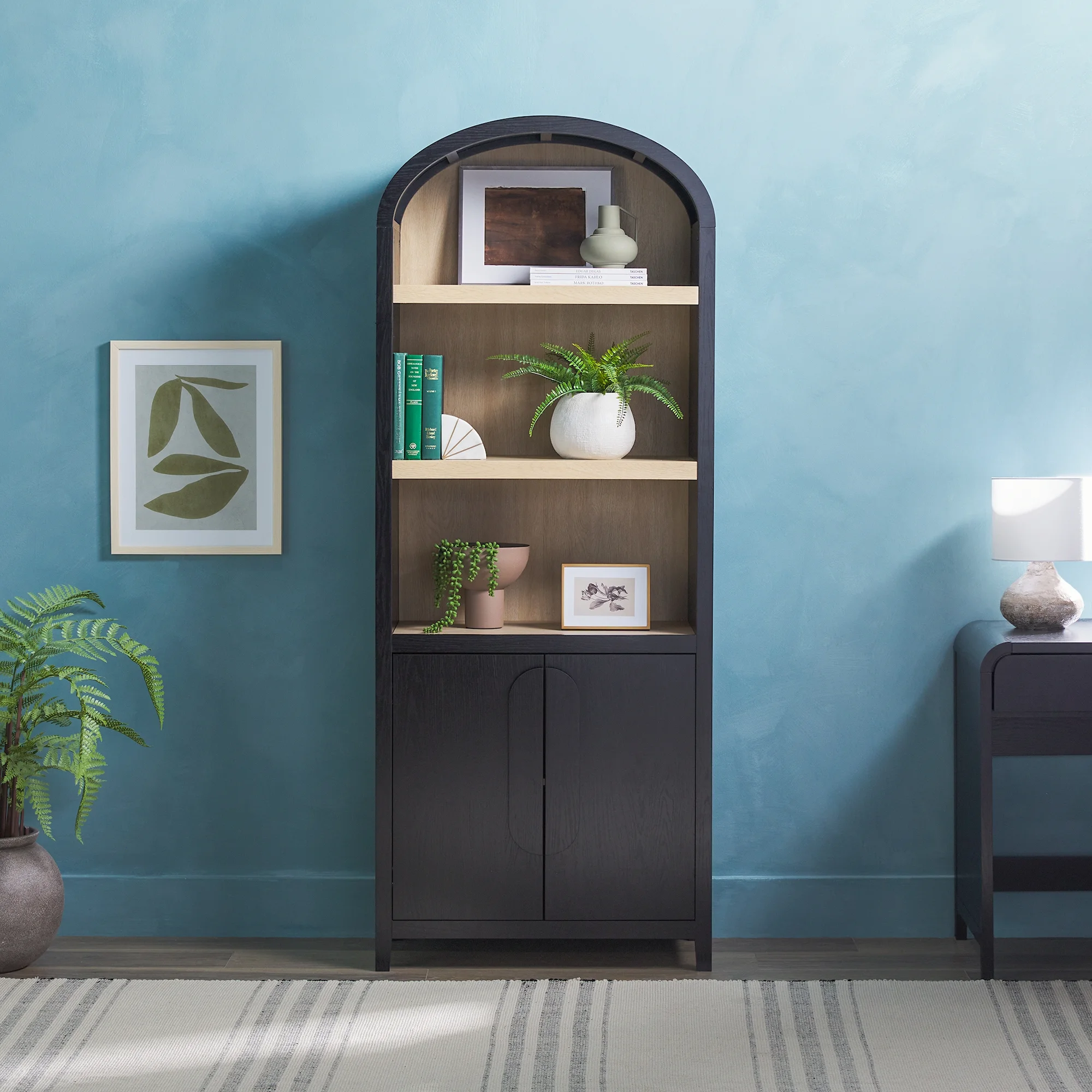 Walker Edison Modern 3 Shelf Open Arched Bookcase Cabinet, Black