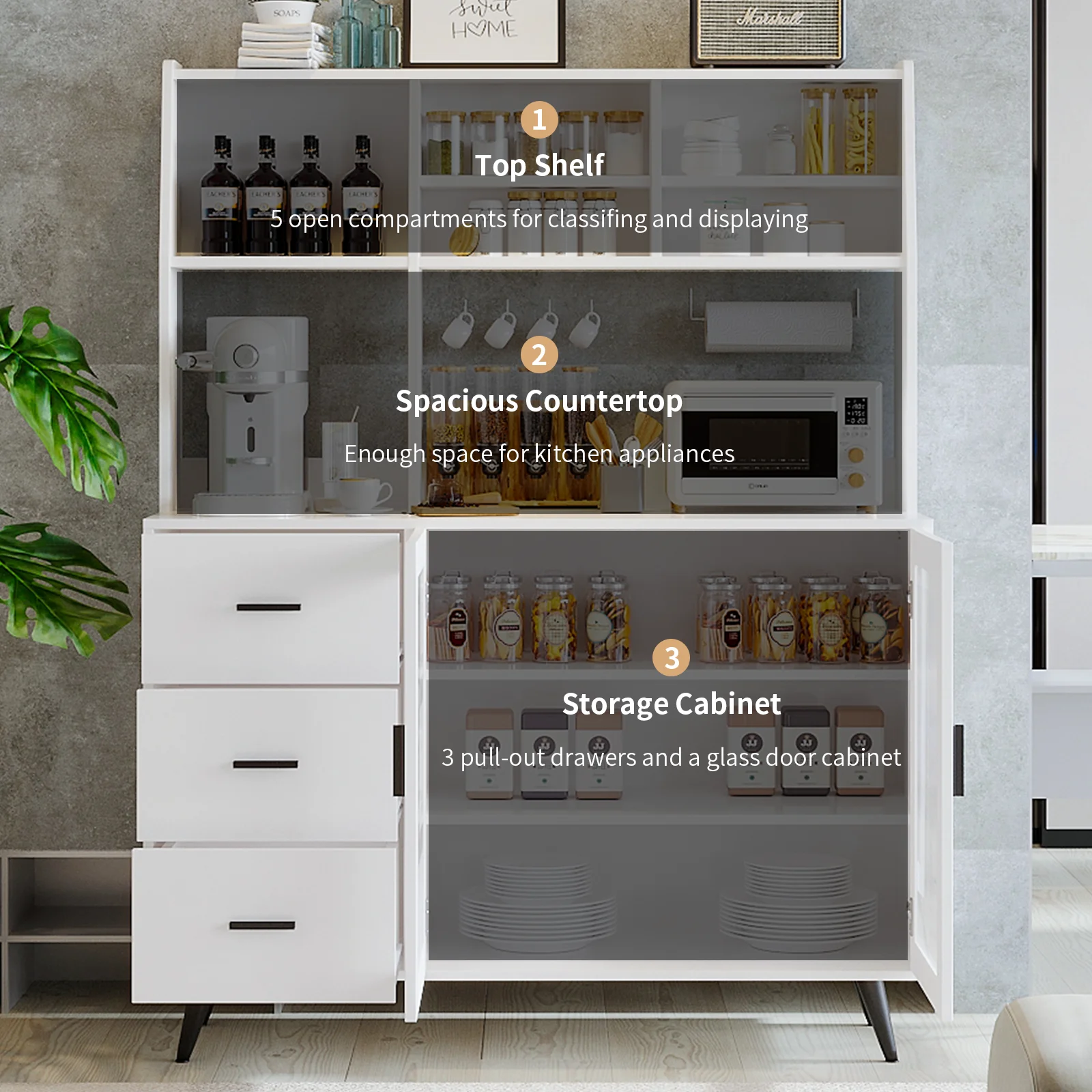 RichYa Kitchen Hutch Storage Cabinet, Freestanding Kitchen Pantry with Glass Doors and 3 Drawers for Dinning Room, Living Room, White