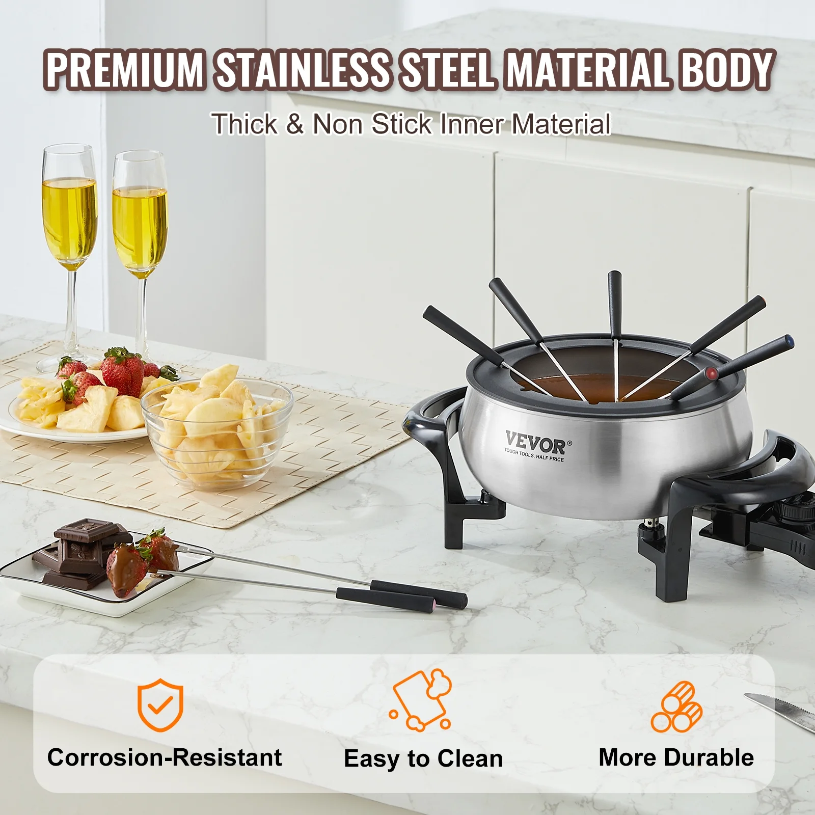 BENTISM 3 qt Electric Fondue Pot Set Chocolate and Cheese Melting Warmer Silver
