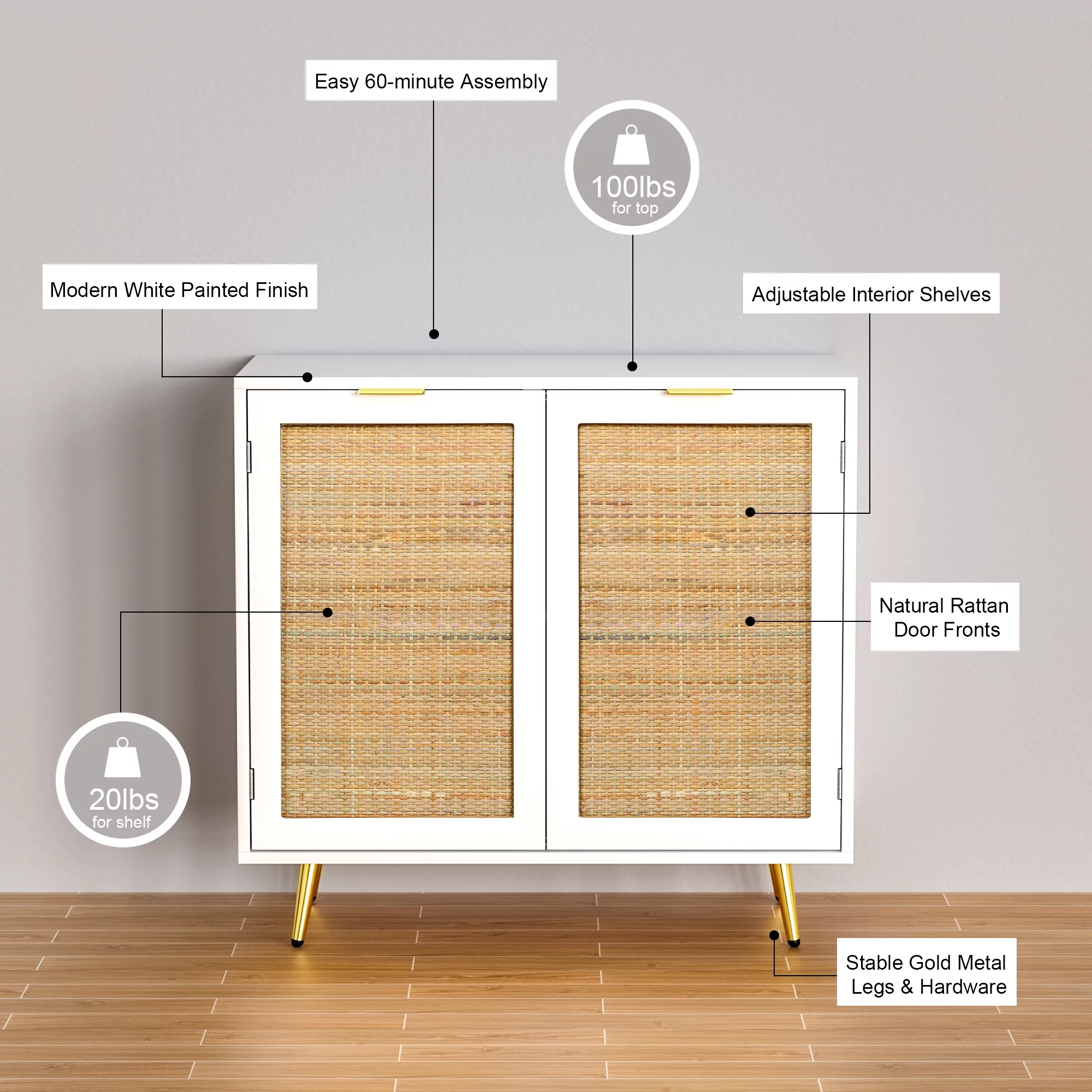 Eumyviv 31.5'' Width Modern Accent Cabinet, White Sideboards and Buffets with 2 Rattan Doors Storage Cane Cupboard for Kitchen Furniture, Living Room,H0059