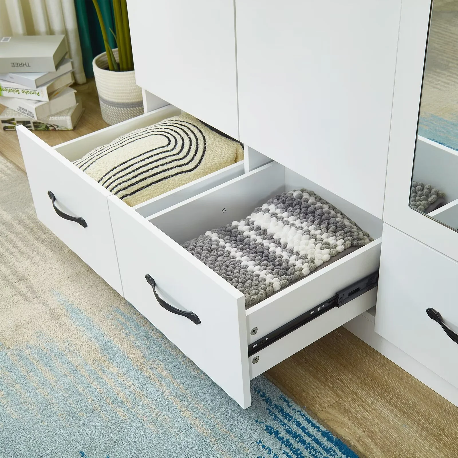 ModMakers 4-Door Wardrobe Armoire Closet | Wardrobe Storage Wood Armoire Wardrobe Cabinet w/ Mirror, 2 Hanging Rods & 4 Drawers, White