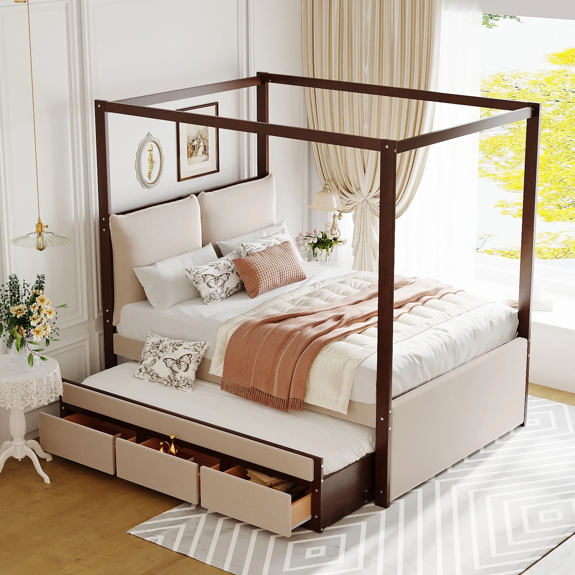 Churanty Full Size Upholstered Canopy Bed with Trundle and 3 Drawers, Beige