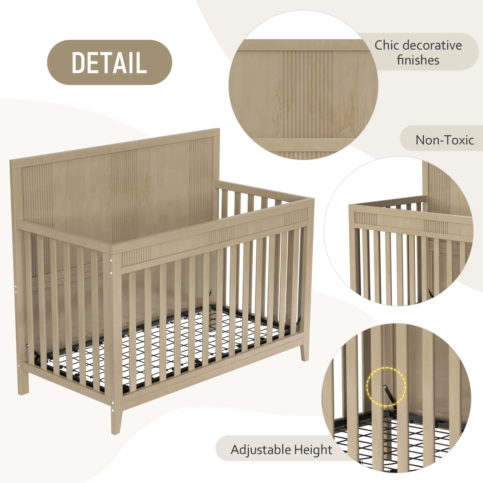 HSUNNS 4-in-1 Convertible Crib, Rustic Farmhouse Style, Certified Baby Safe Crib, Converts from Baby Crib to Toddler Bed, Daybed, and Full-Size Bed, 3 Adjustable Mattress Heights, Natural Wood