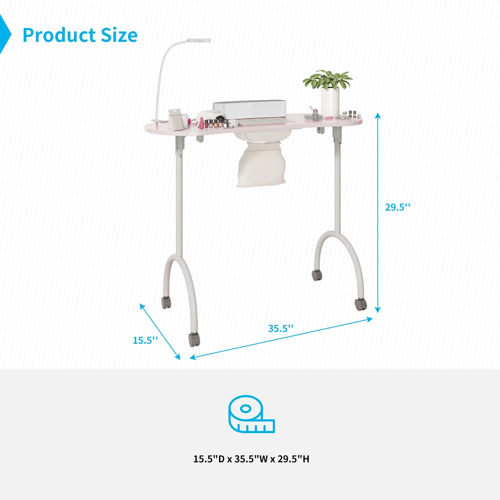 TABU Portable Folding Manicure Nail Table Station with Dust Collector Fan and Magnifying Glass Lamp,Pink