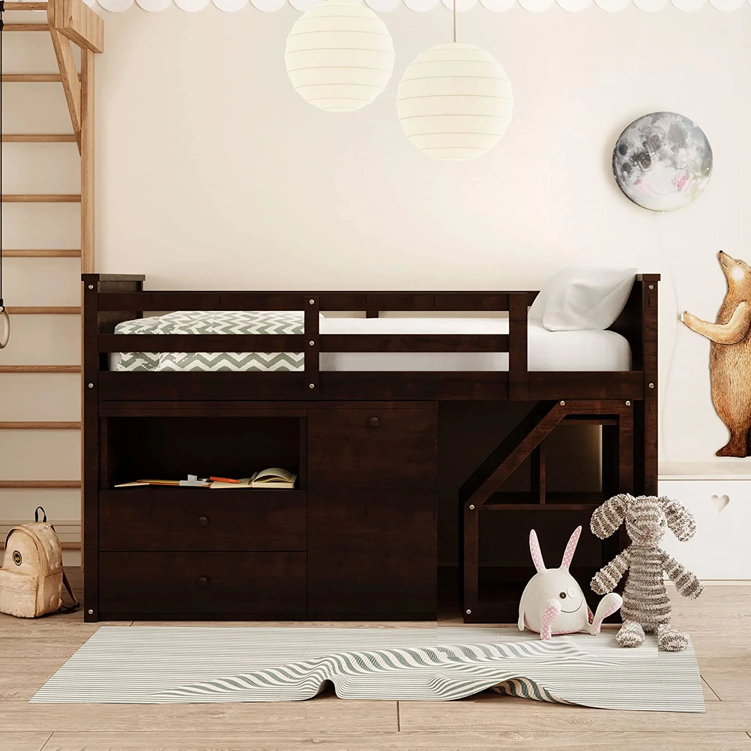 Low Loft Bed With Portable Desk And Stairs, Wood Size Loft Bed Frame With Storage Cabinets, Low Study Kids Loft Bed Frame For Bedroom Furniture (, Espresso)