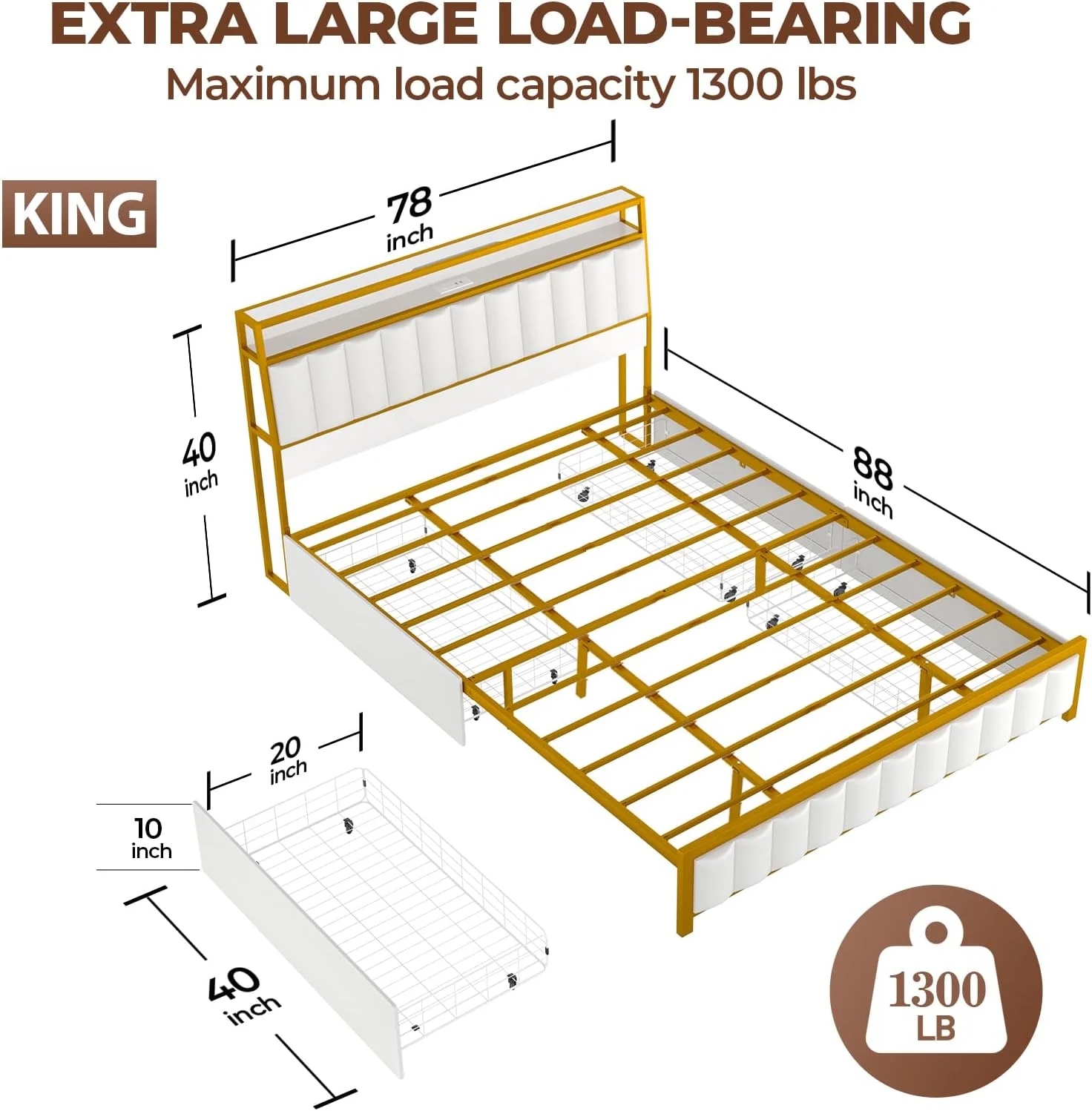 VIPLIVE King Bed Frame with Double Layer Faux Leather Upholstered Headboard and 4 Storage Drawers