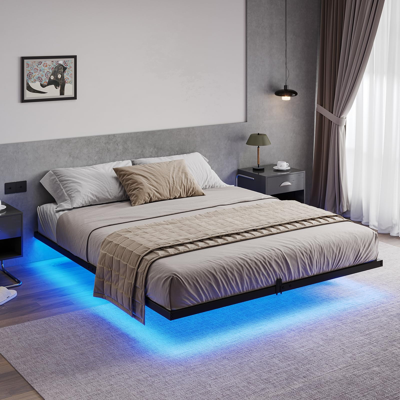 Metal Floating Bed Frame Queen Size Metal Platform Bed Frame with LED Lights,No Box Spring Needed