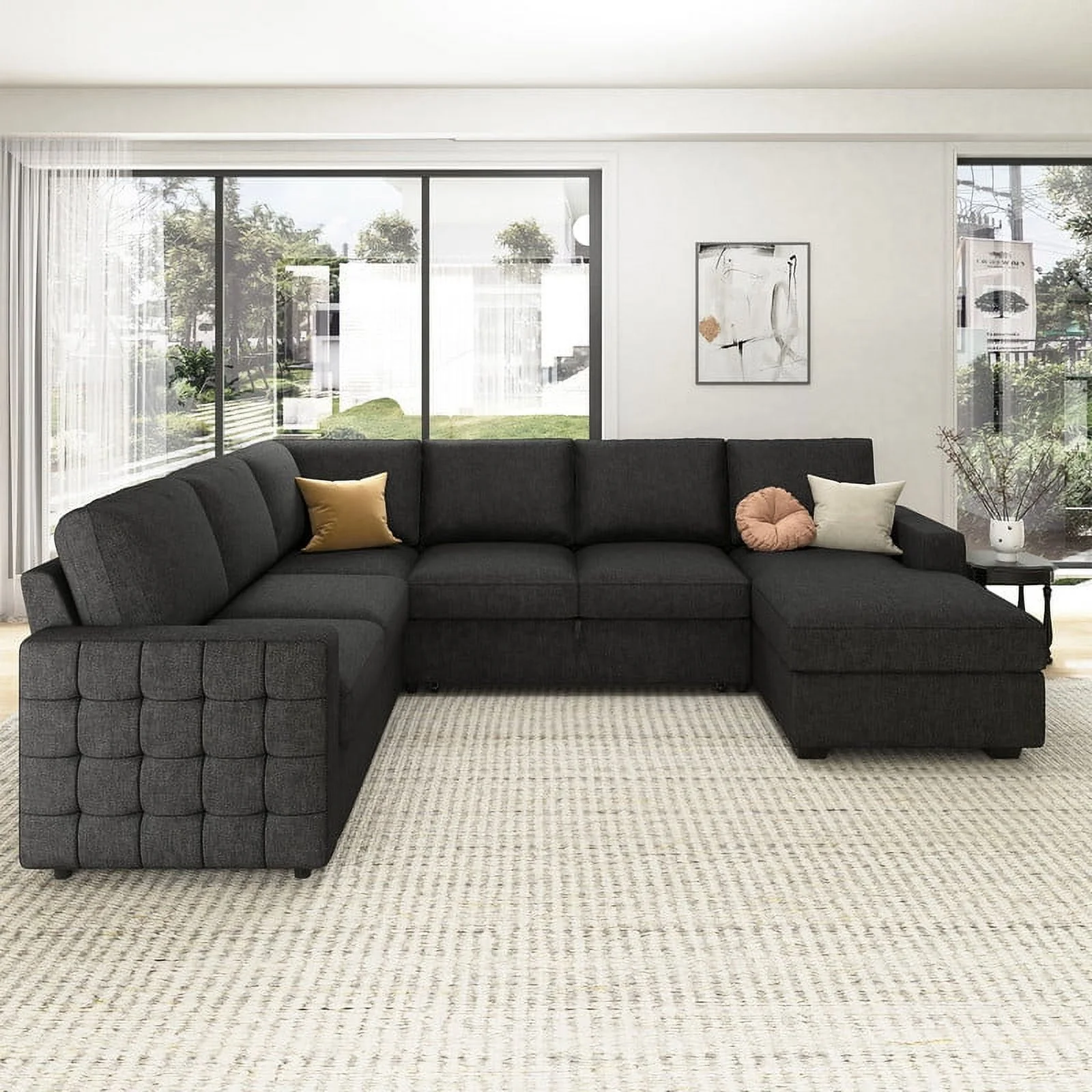 HONBAY Modern Convertible Sleeper Sectional Sofa Couch with Pull-out Bed and Storage Chaise, Dark Grey