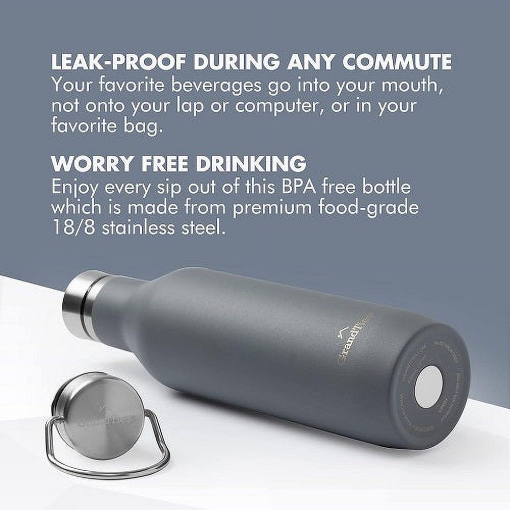 GrandTies Stainless Steel Water Bottles with 2 Lids | Slim Vacuum Insulated Cupholder Flask | Reusable Leak Proof BPA-Free Keep Cold Water bottle for School Gym Travel Sports | 21oz, Stone Gray