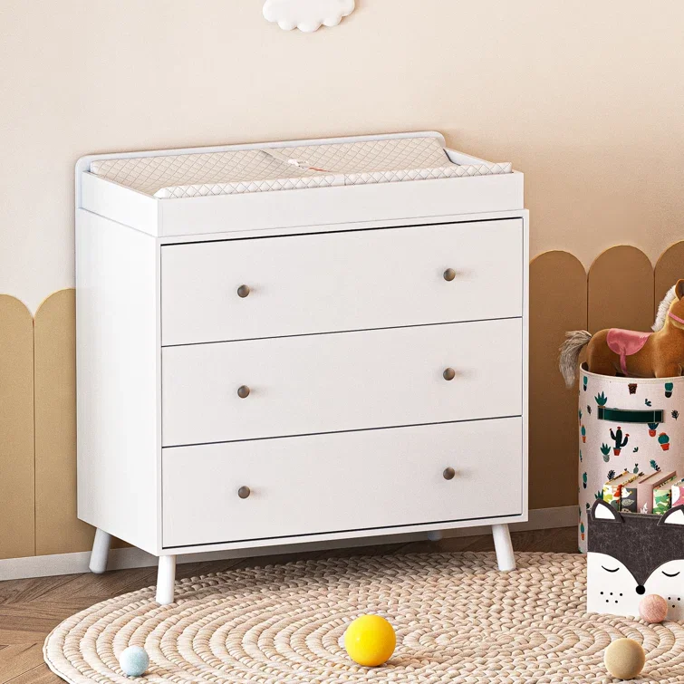 3 Drawer Changing Table and Storage Dresser with Open storage compartment and Removable Pad, Baby Changing Table for Kids rooms,White