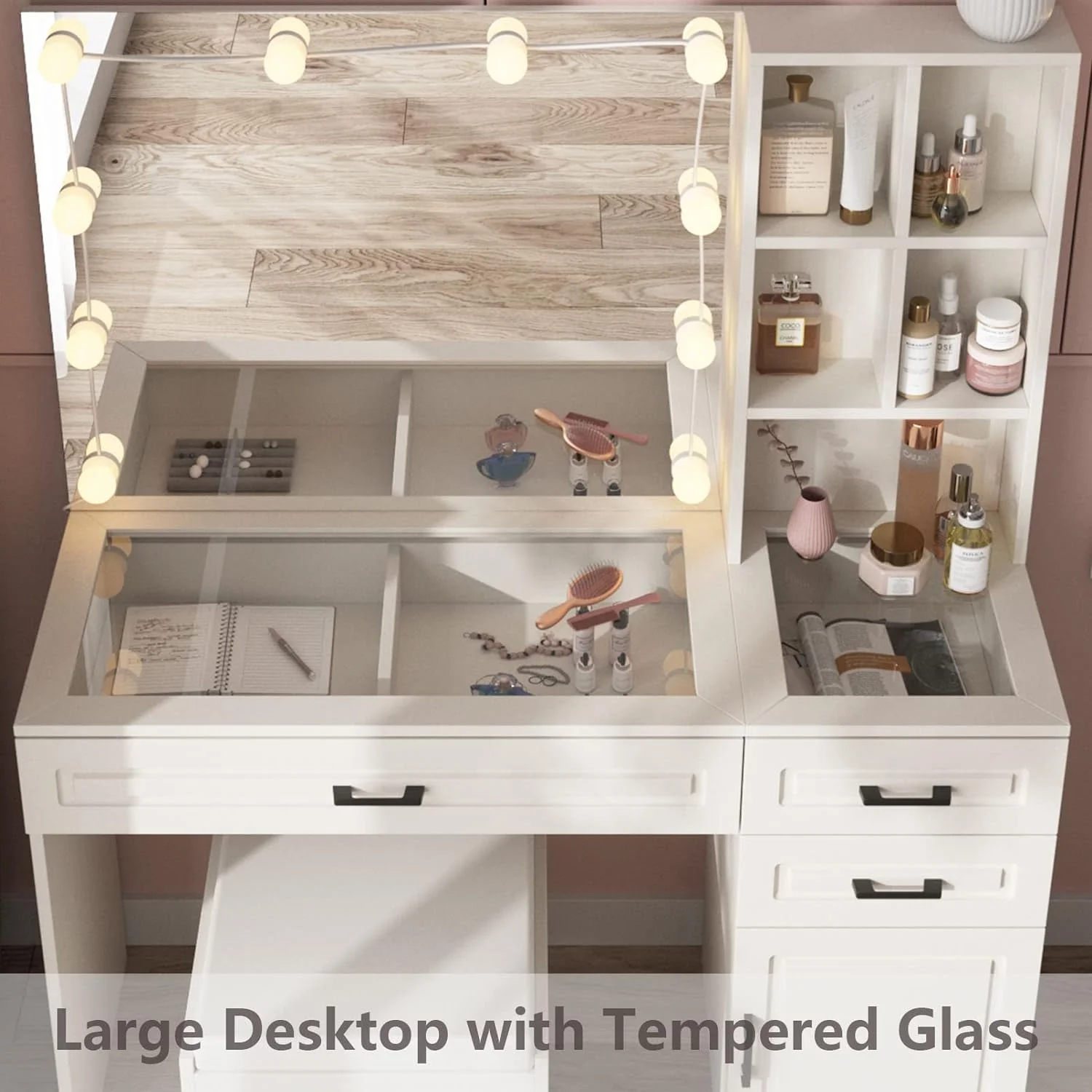 ONKER White Vanity Desk with Mirror and Lights,Glass Top Vanity Table with 3 Drawers and Cabinets,Large HD Mirror Makeup Desk,3 Lighting Modes, Brightness Adjustable,45 in(L)