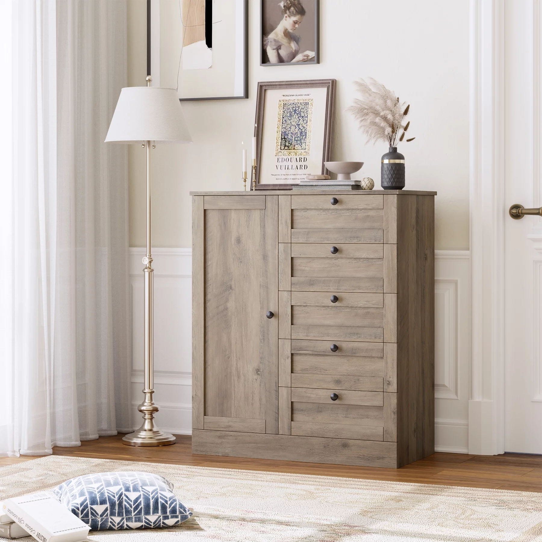 Homfa 5 Drawer Dresser with Door, Modern Chest of Drawers Wood Storage Cabinet for Bedroom Living Room Hallway, Gray