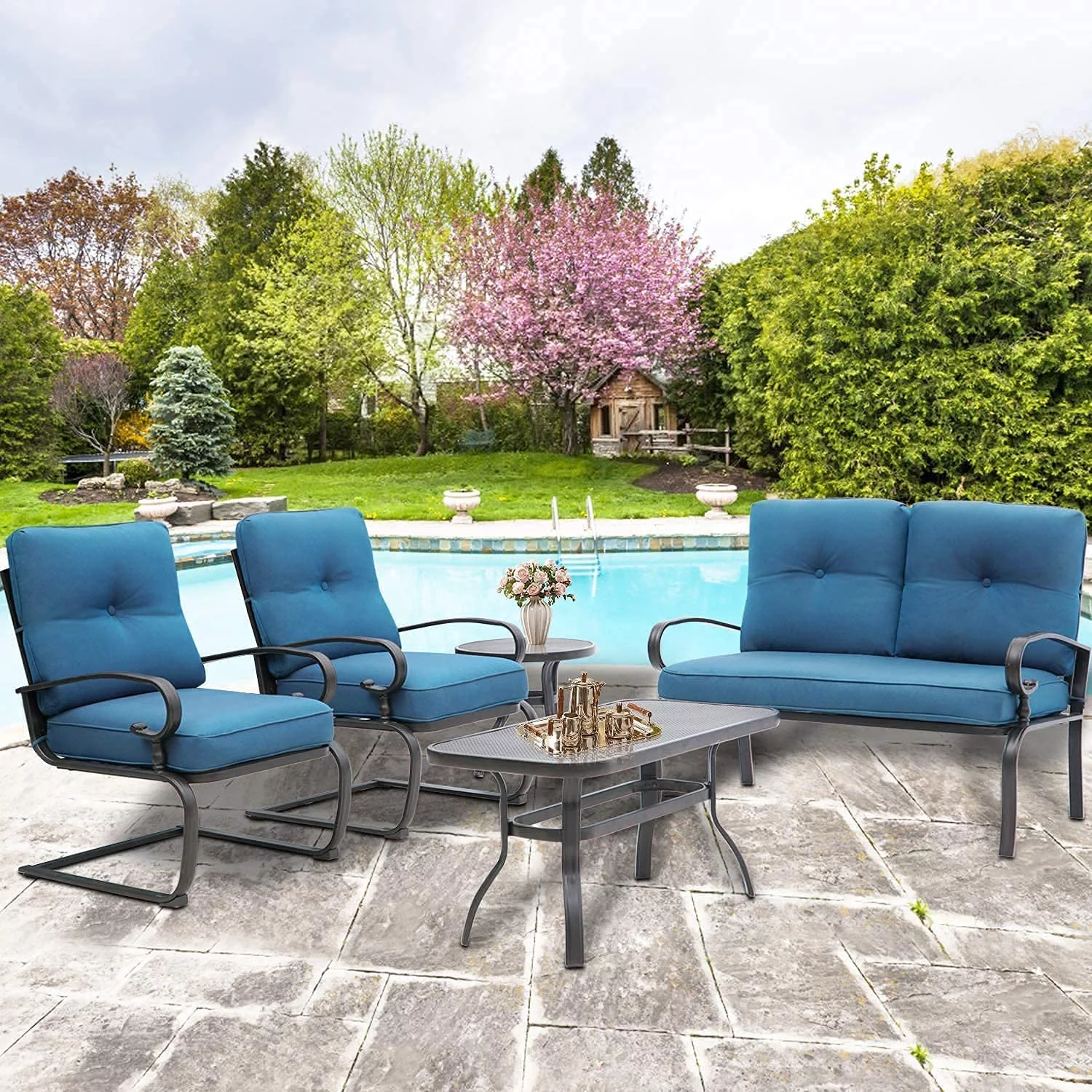 SOLAURA 5-Piece Outdoor Patio Conversation Set with Metal Loveseat, Spring Chairs and Table, Peacock Blue